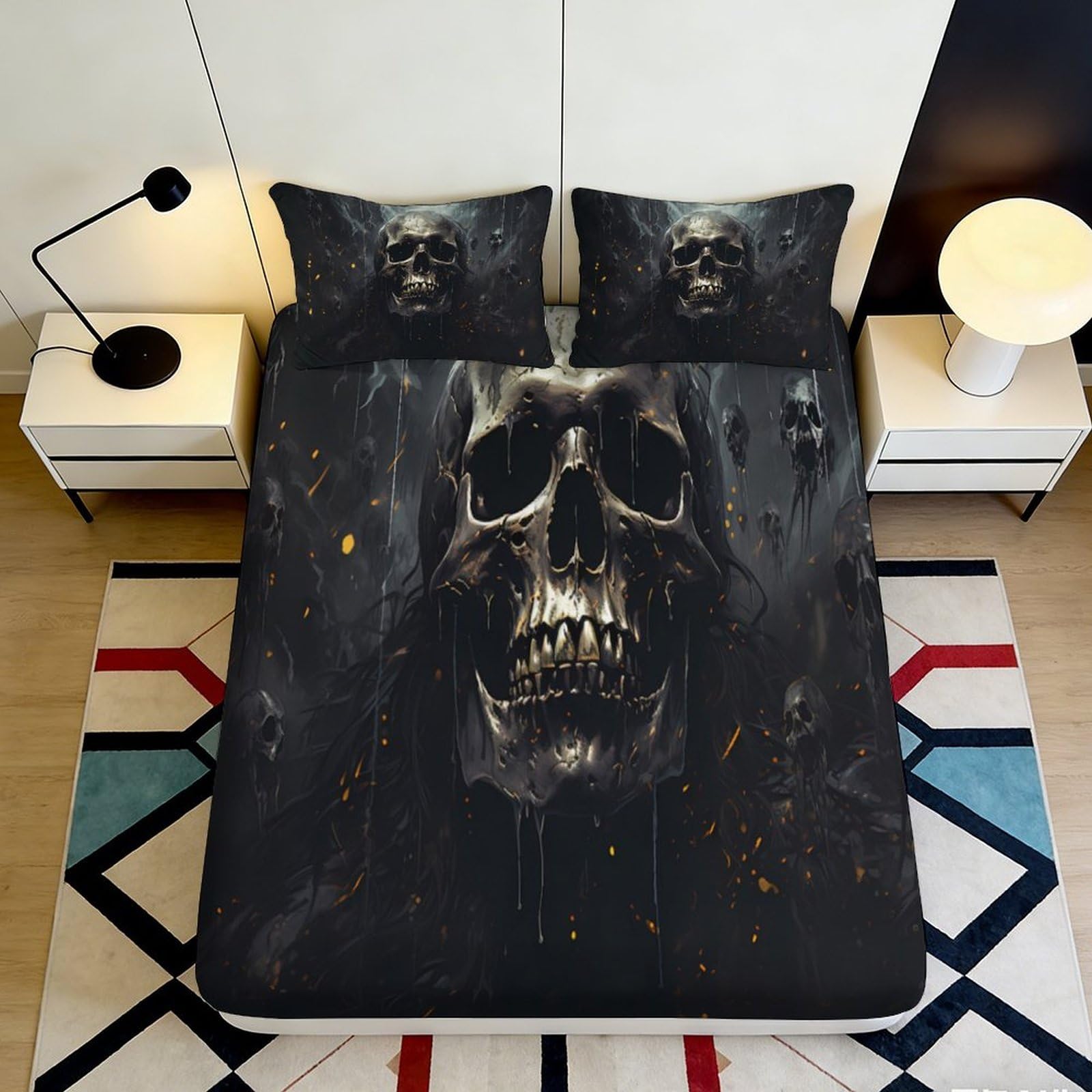 3D Printed Black Skull Fitted Sheet Microfiber Gothic Skeleton Bed Cover for Bedroom Guest Room Mattress Decor 90x200x25cm