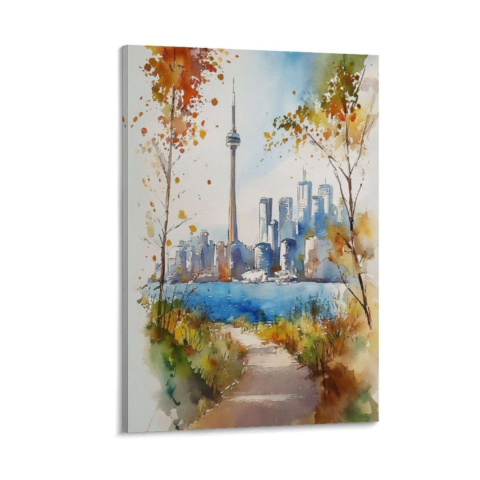 LCYNNH Toronto Cityscape Tree 20x30inch(50x75cm) Vintage Travel Poster Watercolor Canvas Art