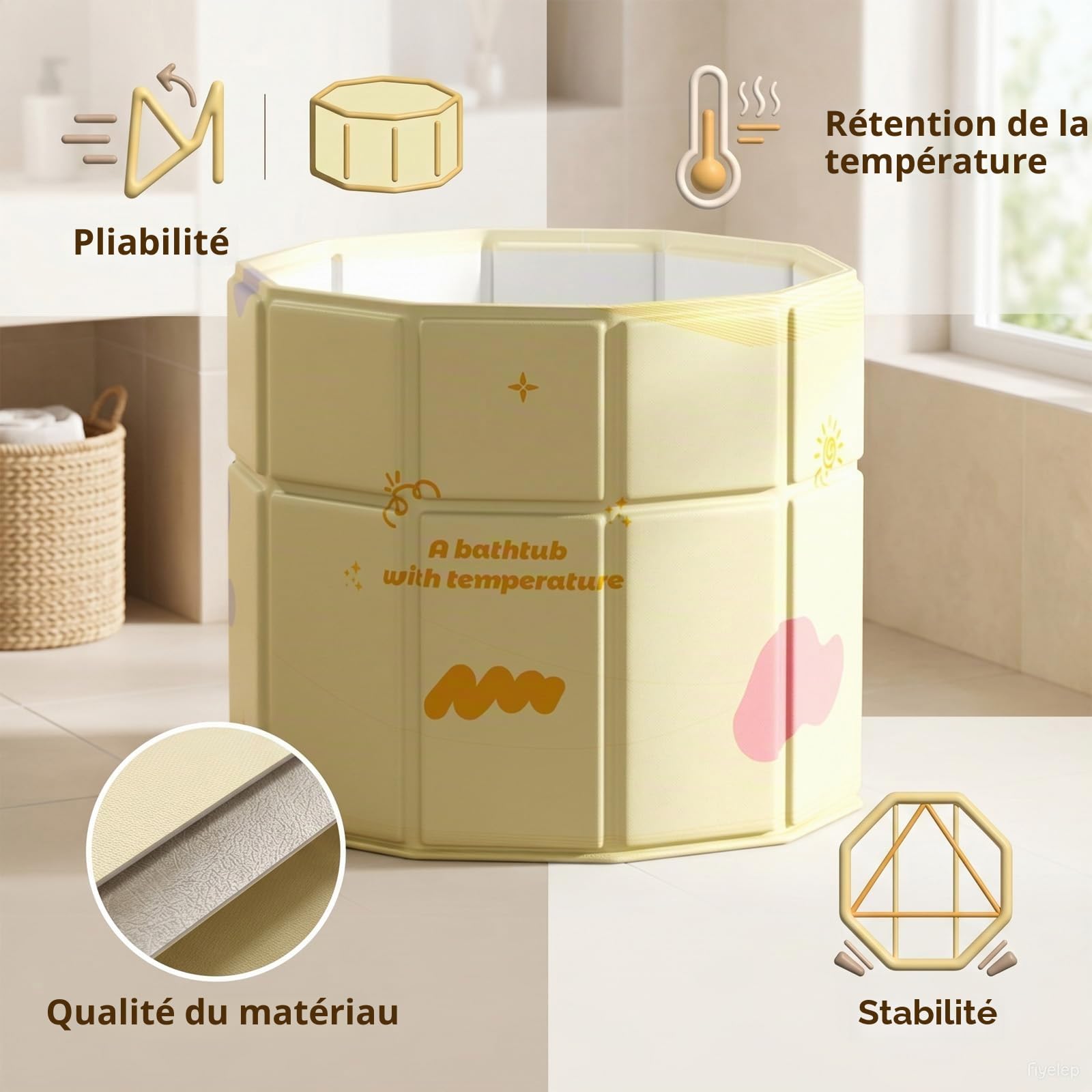 Baignoire pliable, jaune, 70 x 70 cm, pour adulte, portable, pliable, salle de bain familiale, spa, trempage, pas d'installation pour la maison et l'extérieur