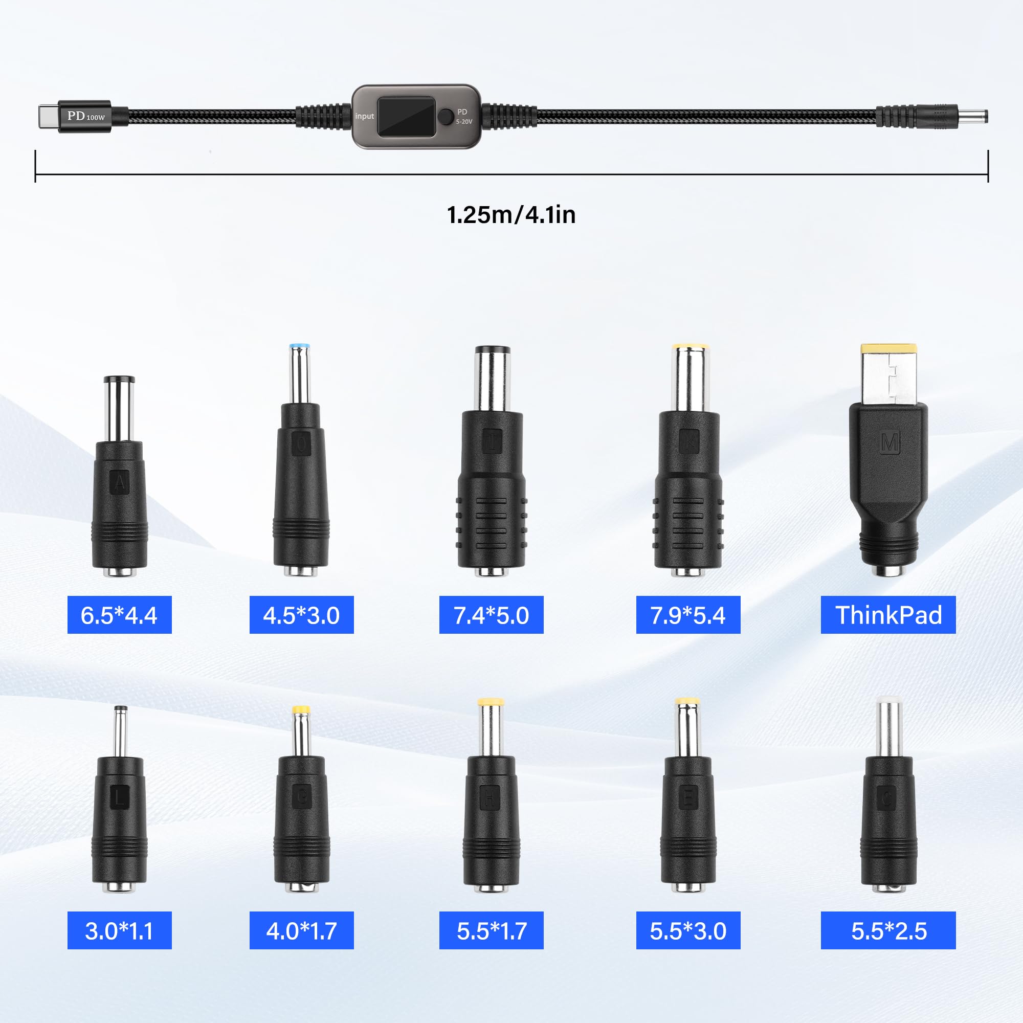 Cavo SinLoon Da USB-C A DC Regolabile 100W – Chip PD, Tensione 5/9/12/15/20V, 10 Adattatori DC, 1,2m Intrecciato - 2