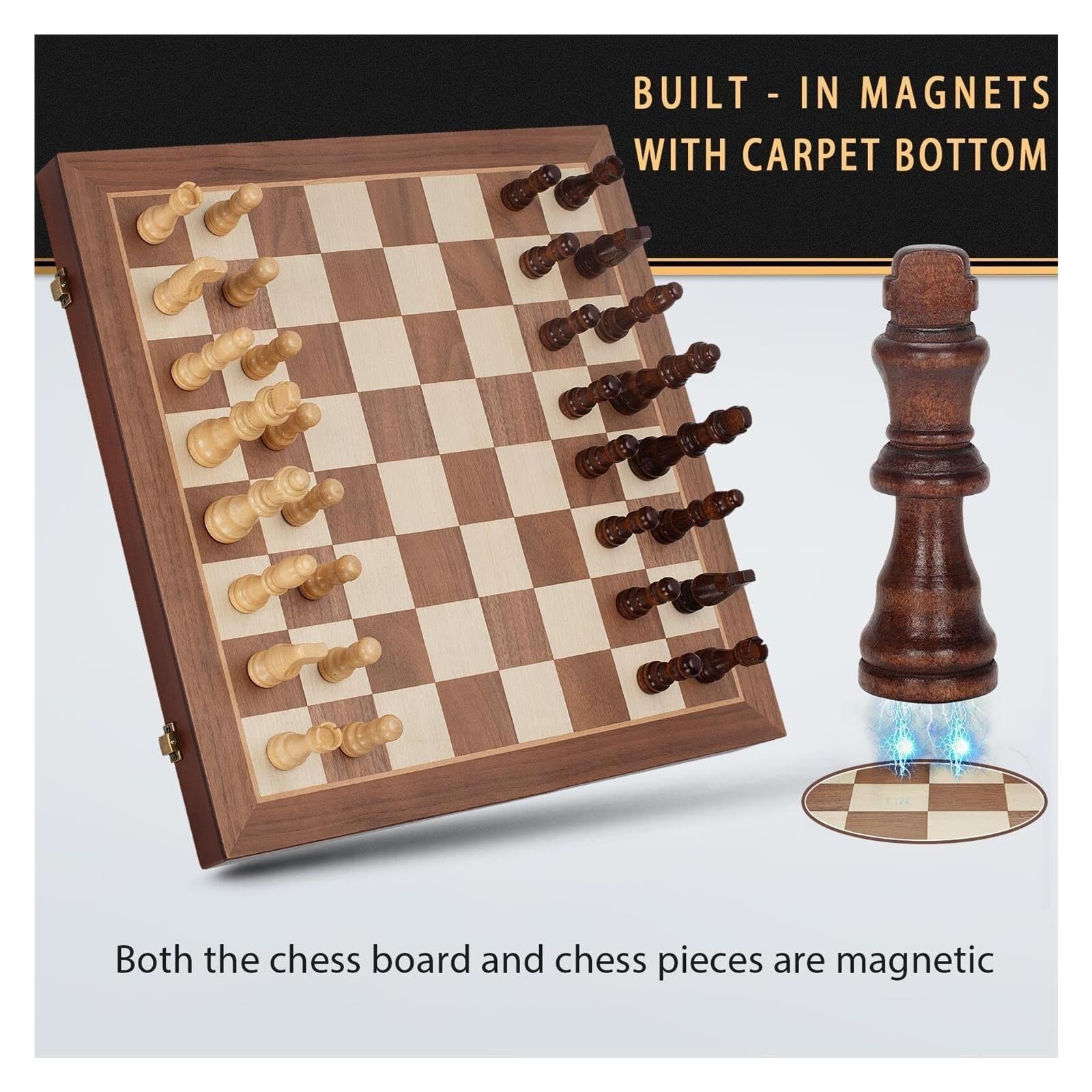 Set di scacchi magnetici in legno con 2 regine extra | Set di scacchi da viaggio portatile con slot for riporre i pezzi, gioco da tavolo for principianti