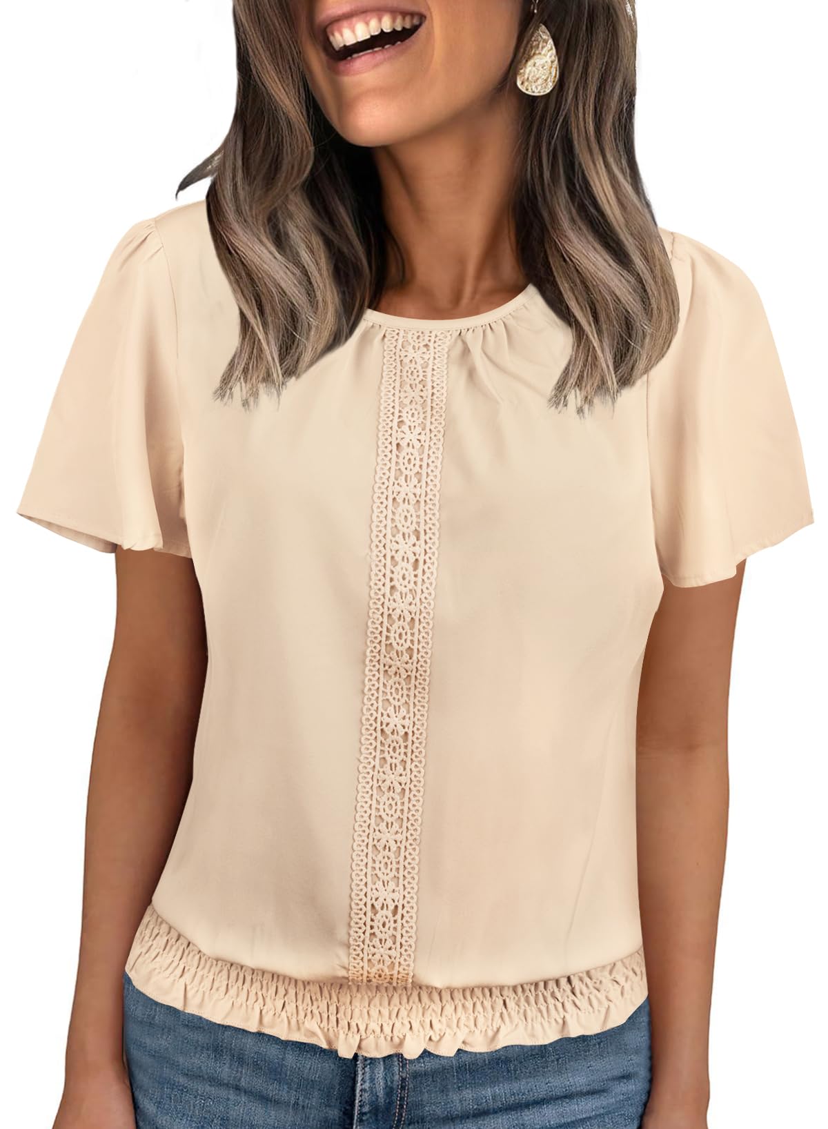 Falechay Womens Summer Tops Ruffle Sleeve Scoop Neck Pleated Front Shirts