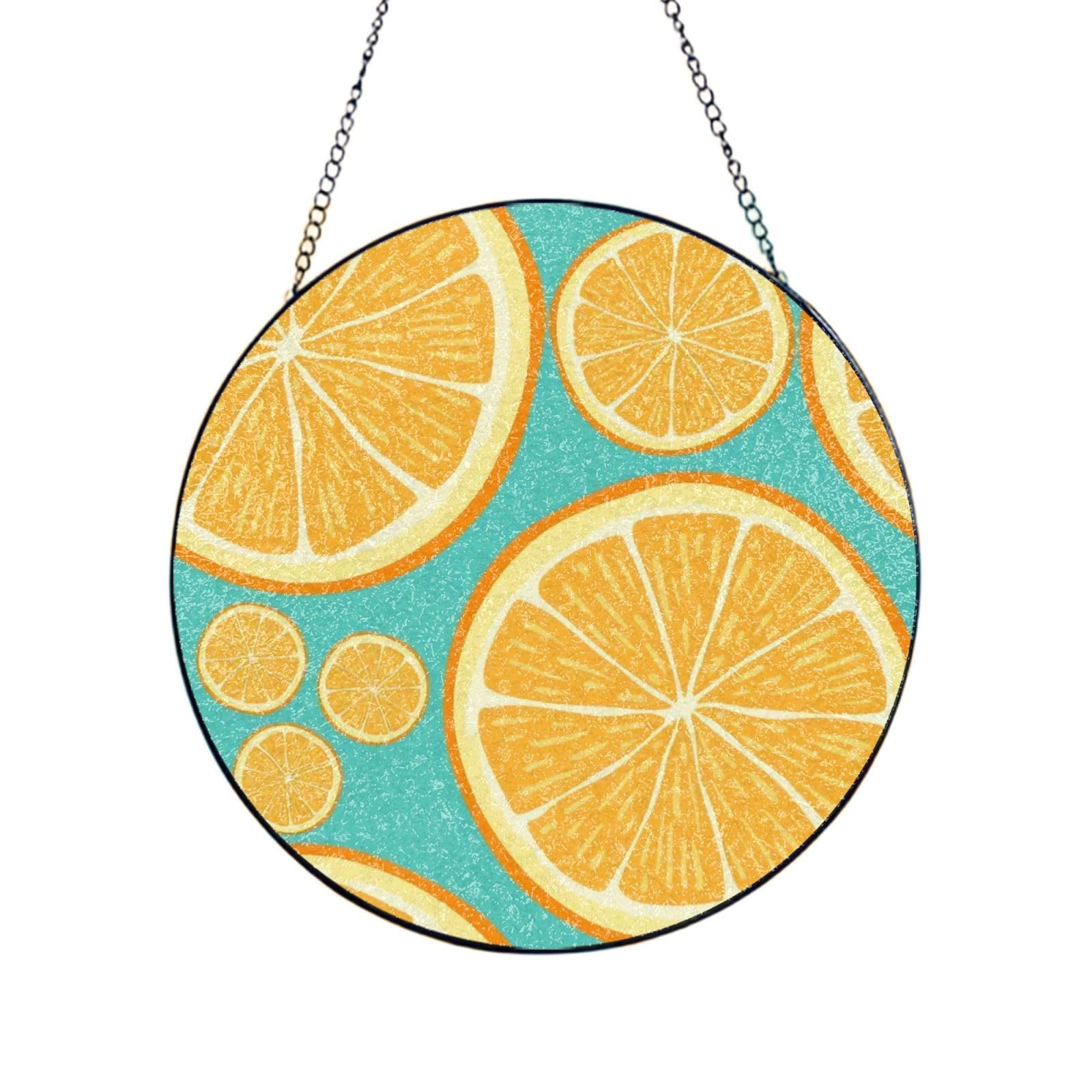 Phayah Lemon Fruit Print Glass Window Hanging Round Suncatcher Glass Ornament Garden Wall Fence Decorations Indoor Outdoor 8in（20cm）