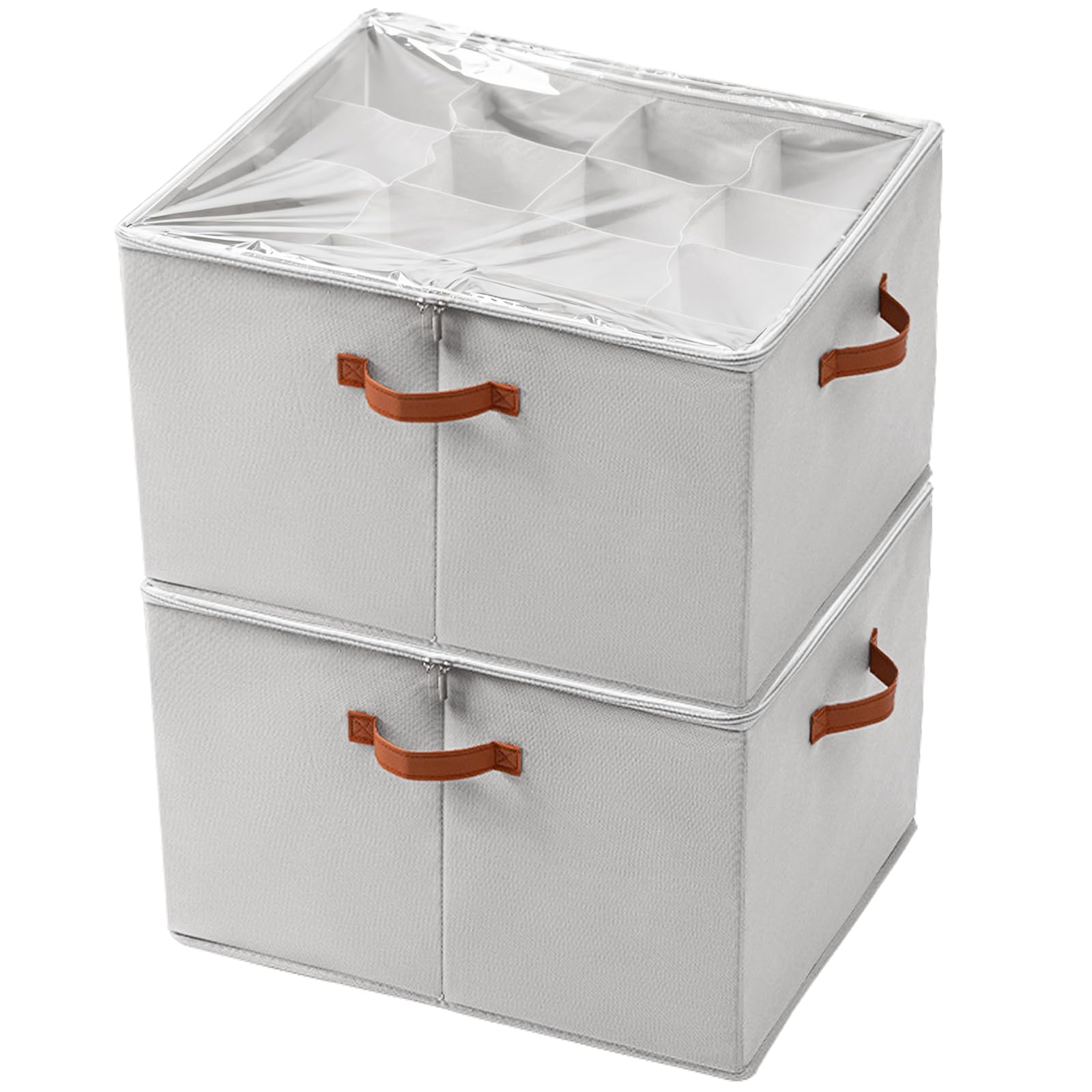 Creahaus 2 Pack Multipurpose Shoe Storage Box with Clear Lid, 32 Cells Shoe Box Organiser Containers with 3 Handles, Foldable Wardrobe Shoe Storage Boxes for Sandals, Kids Shoes (Grey)