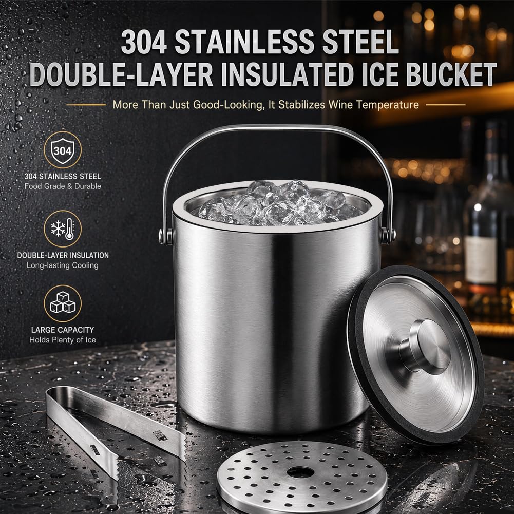 Edelstahl Eiswürfelbehälter mit Deckel, 2L Eiskübel mit Deckel, Eisbehälter mit Sieb und Eiszange, Eiswürfelbehälter Edelstahl, Tragbar Eiskühler für Kühlen von Bier, Champagner und Wein