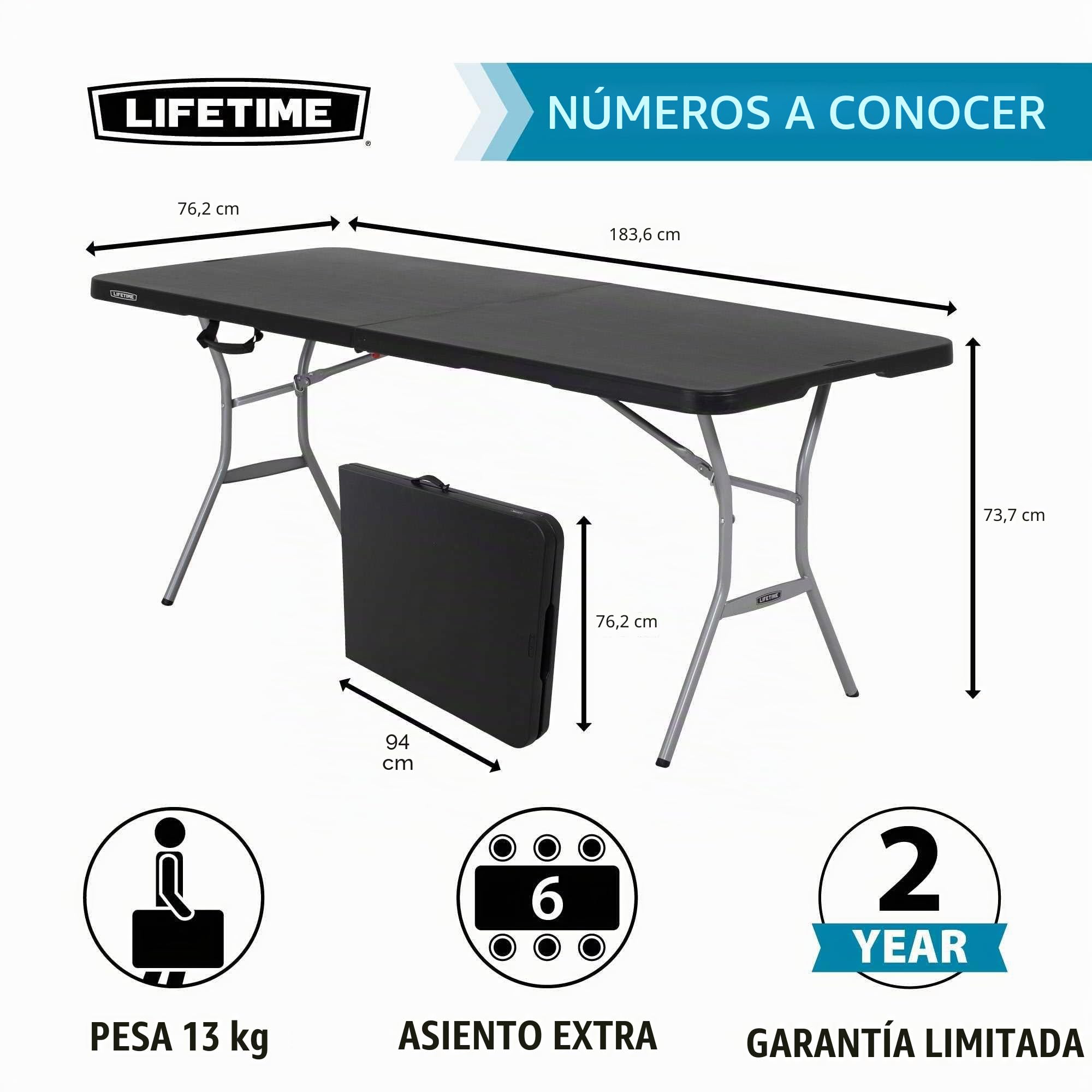 LIFETIME Mesa Rectangular Plegable 183x76x73 cm, Tablero de Polietileno HDPE Negro, Estructura de Acero, Bloqueo de Seguridad, Resistente a la Intemperie y Golpes, Uso Interior y Exterior (92126)