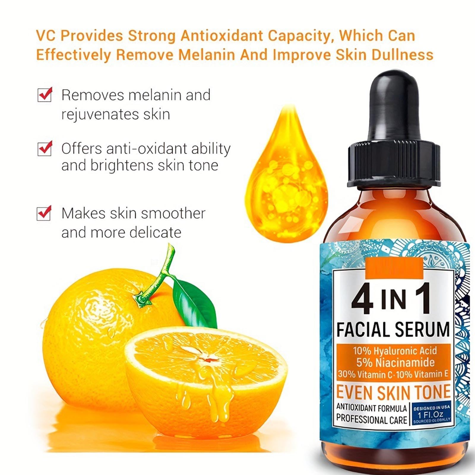 4 in 1 Facial Serum with 10% Hyaluronic Acid, 5% Niacinamide, 30% Vitamin C & 10% Vitamin E - Image 2