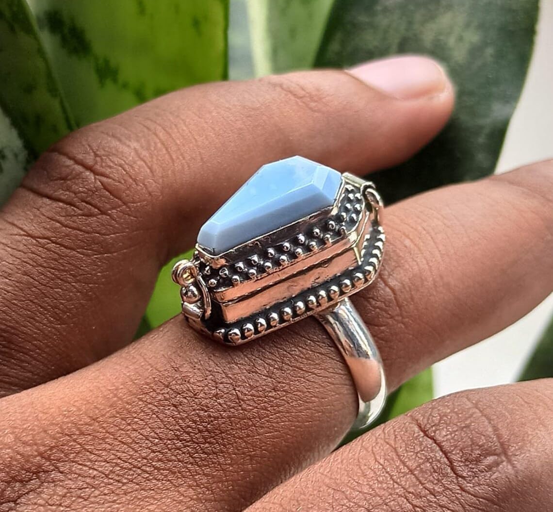 Natural Larimar Poison Ring, Coffin Stone Ring, Halloween Art Ring, Silver Plated Ring, Coffin Box Ring, Domanice Republic Larimar ring, Fashion Ring, Storage Box Ring, Perfume Box Ring, Gifts for Mom