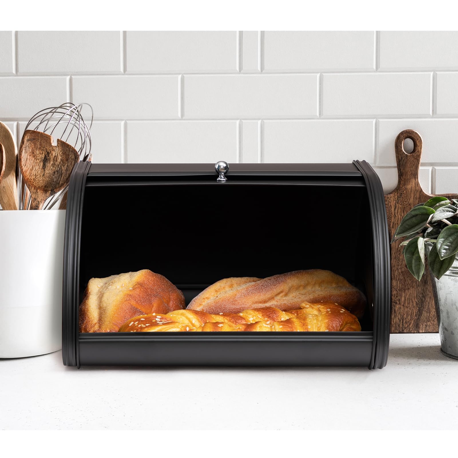 HollyHOME Brotkasten Brotaufbewahrungsbox, Metall-Brotkästen für die Küche, Brotaufbewahrungsbehälter mit aufrollbarem, brotbox einfach zu verstauendem Brotkastenhalterdeckel, Schwarz