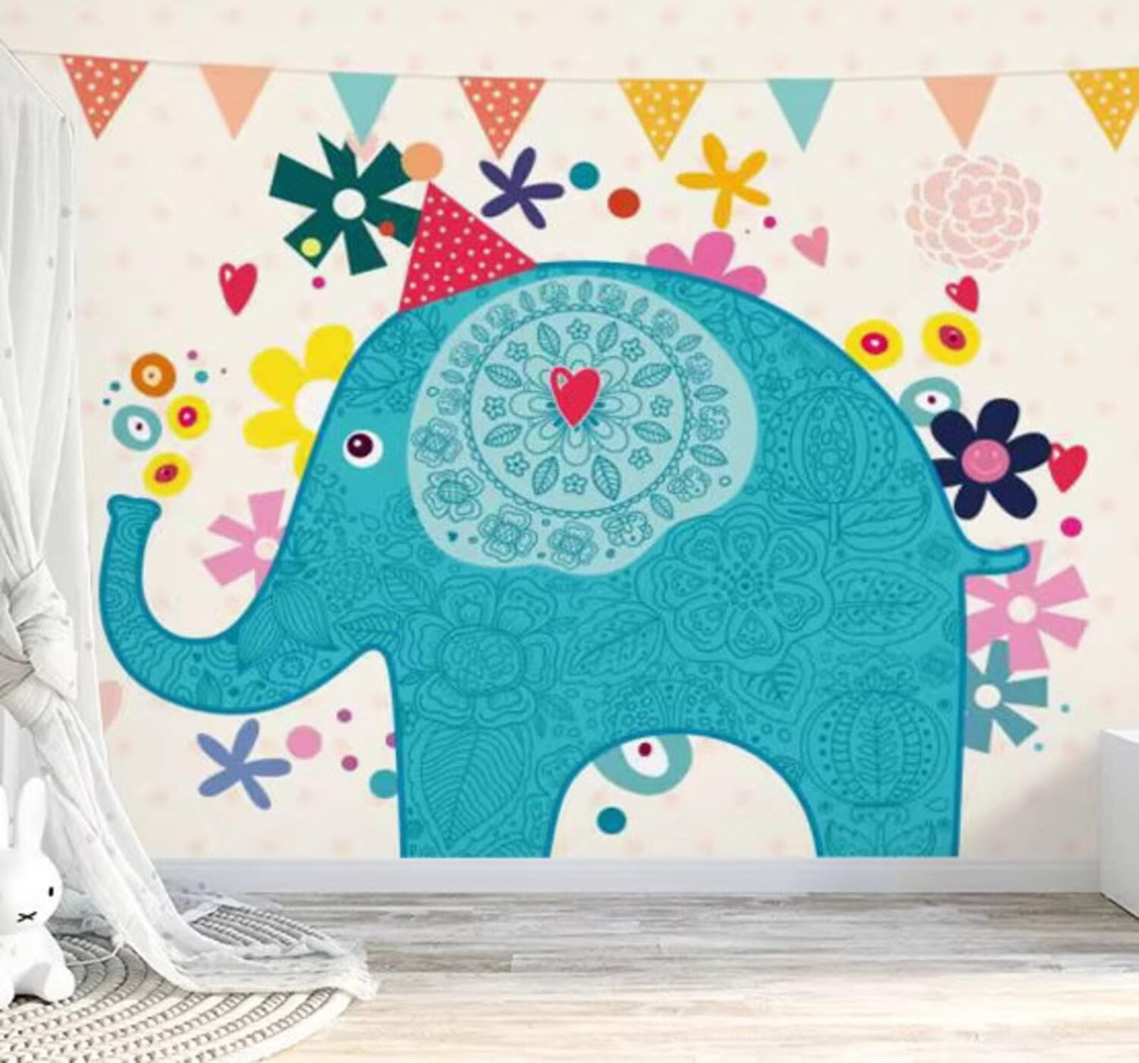 Hand Drawn Fresh Cartoon Elephant Flowers 3D Wallpaper Easy Install Feature Office Living Room Sofa Bedroom TV Background Wall Decoration-250cm×170cm