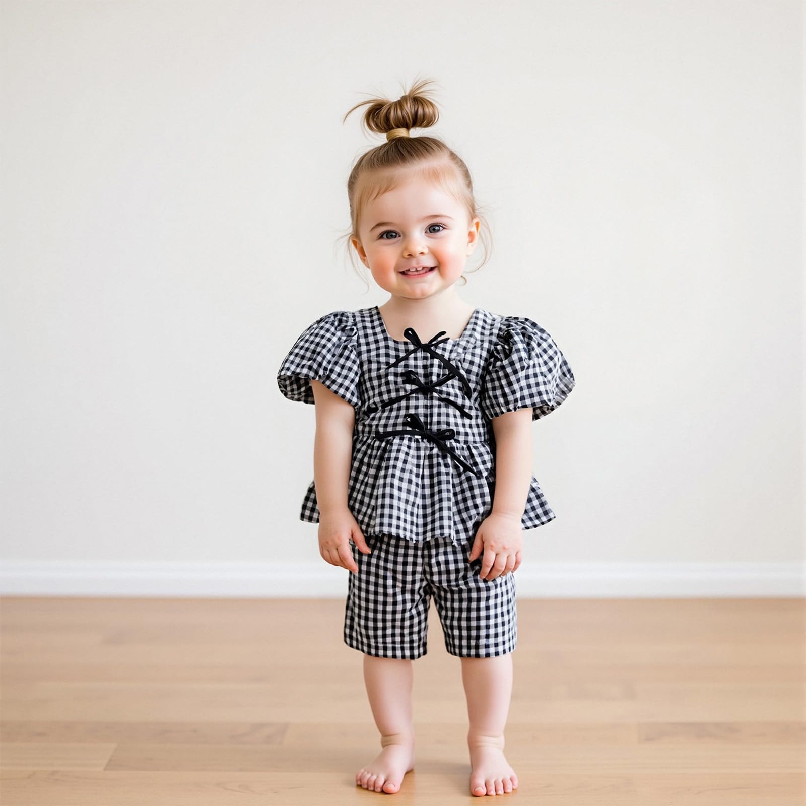 Gaono Toddler Baby Girl Summer Clothes Cute Puff Short Sleeve Tie Fron Ruffle Tops And Shorts Sets 2 Piece Plaid Outfit (A-Black, 12-18 Months)