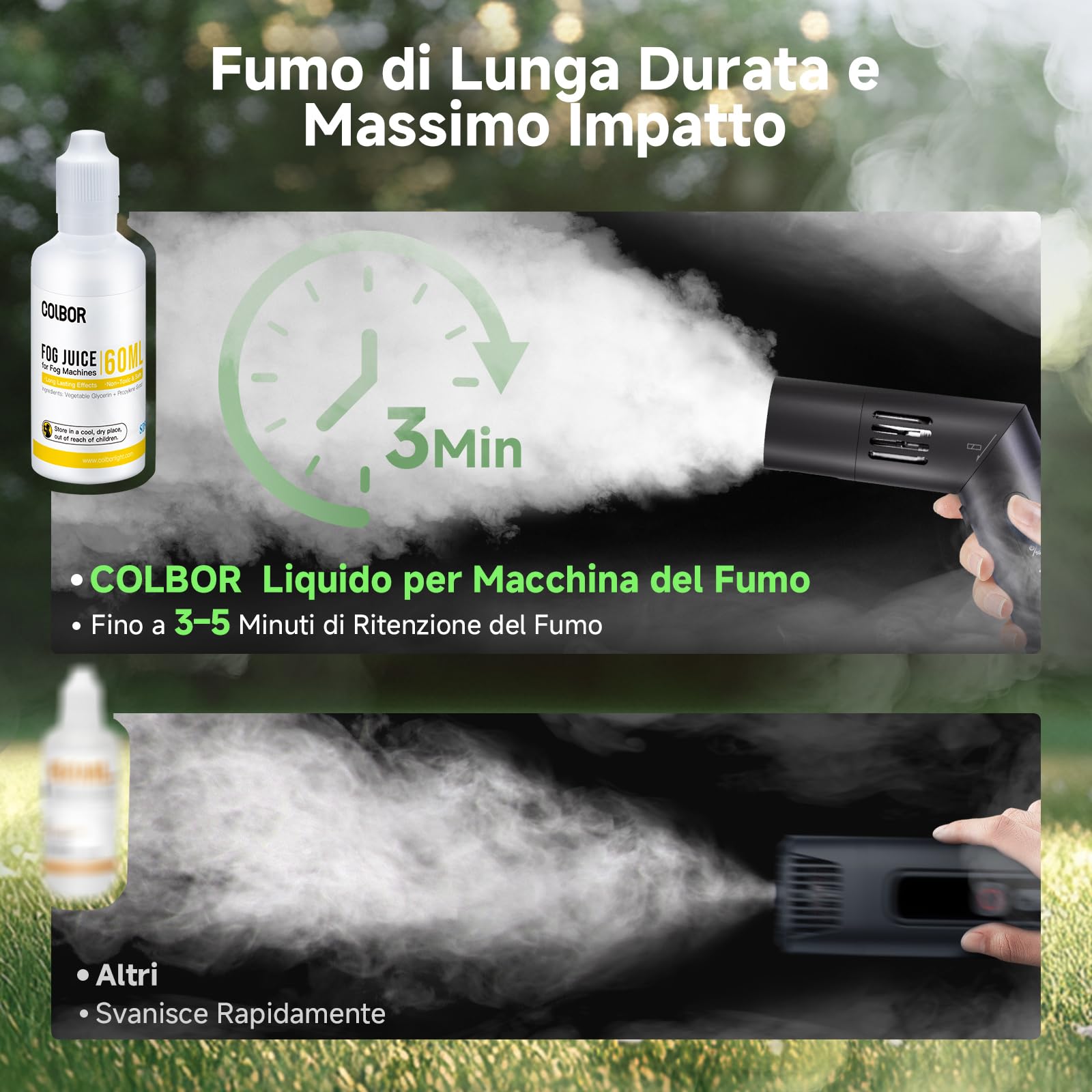 COLBOR Kit Liquido per Macchina del Fumo 60 ML*4, Liquido per Macchina di Nebbia ad Alta Densità a Base di Glicerina Vegetale Inodore Certificato SDS per Feste, Bar, Halloween, Cosplay