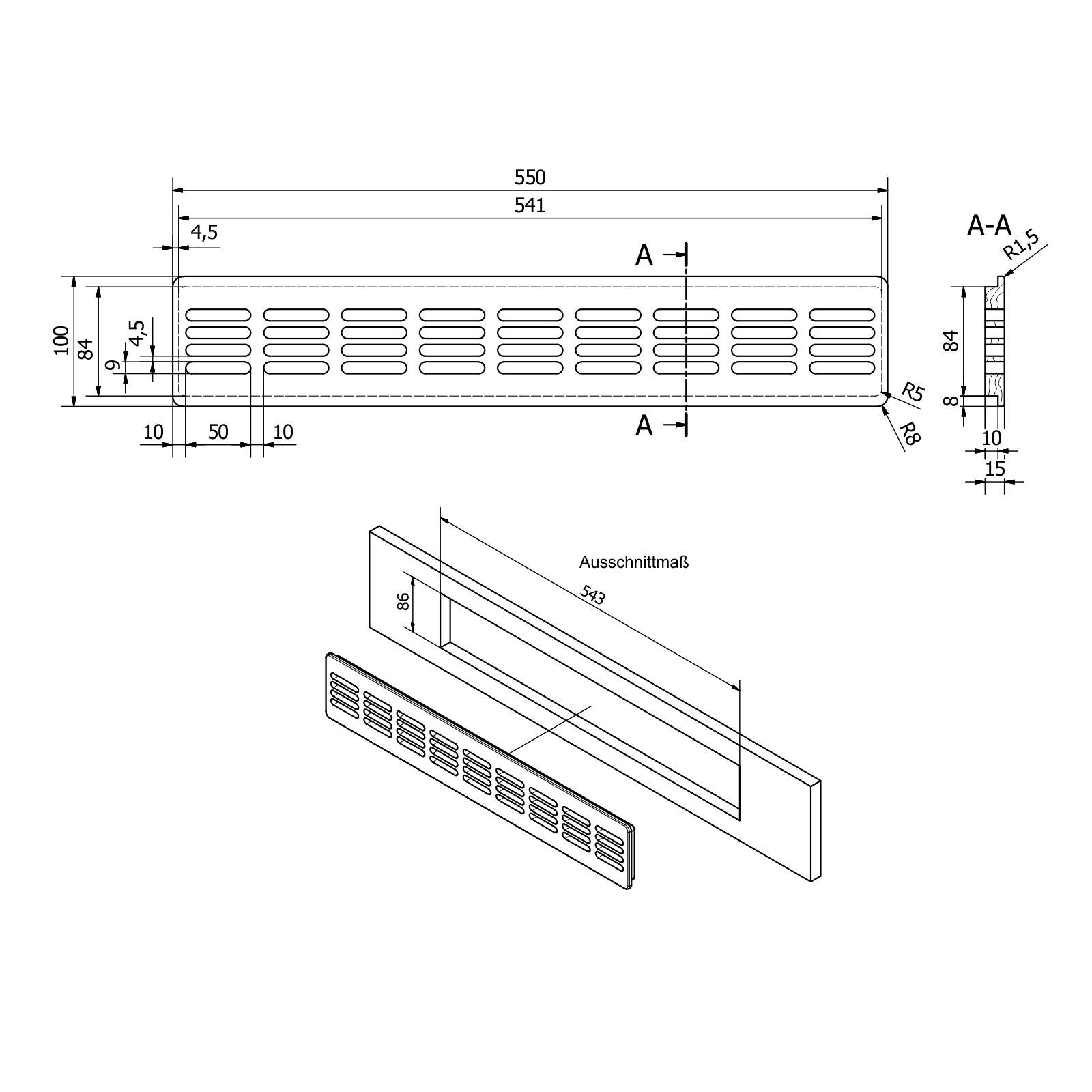 SOTECH Rejilla de Ventilación 550 x 100 x 15 mm de Madera Masivo Haya | natura de alta Calidad