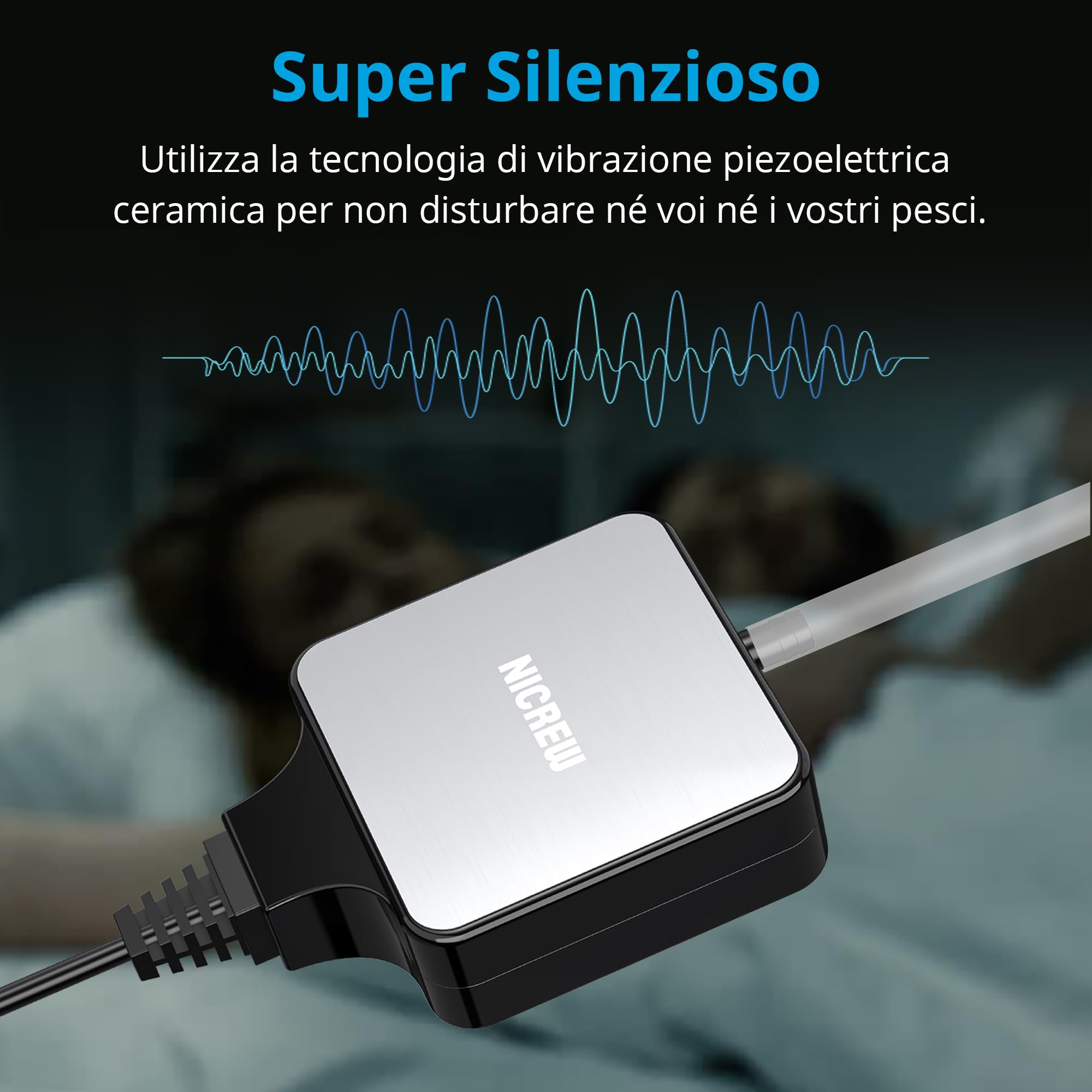 NICREW Ossigenatore per Acquario Ultra-Silenzioso <33 dB, Nano Silent Mini Aeratore fino a 40 L, Accessori per Acquario Nano, 18 L/H, 1,5W