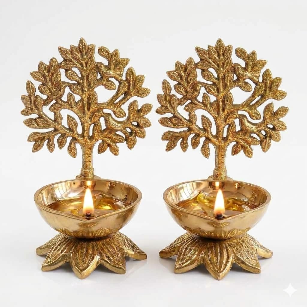 Brass Kalpavriksha Diya for Puja, Set of 2 | Handcrafted Life Tree, Lotus Base Design, Mandir & Home Decor, 100% Pure Brass, Religious Deepak-image-17