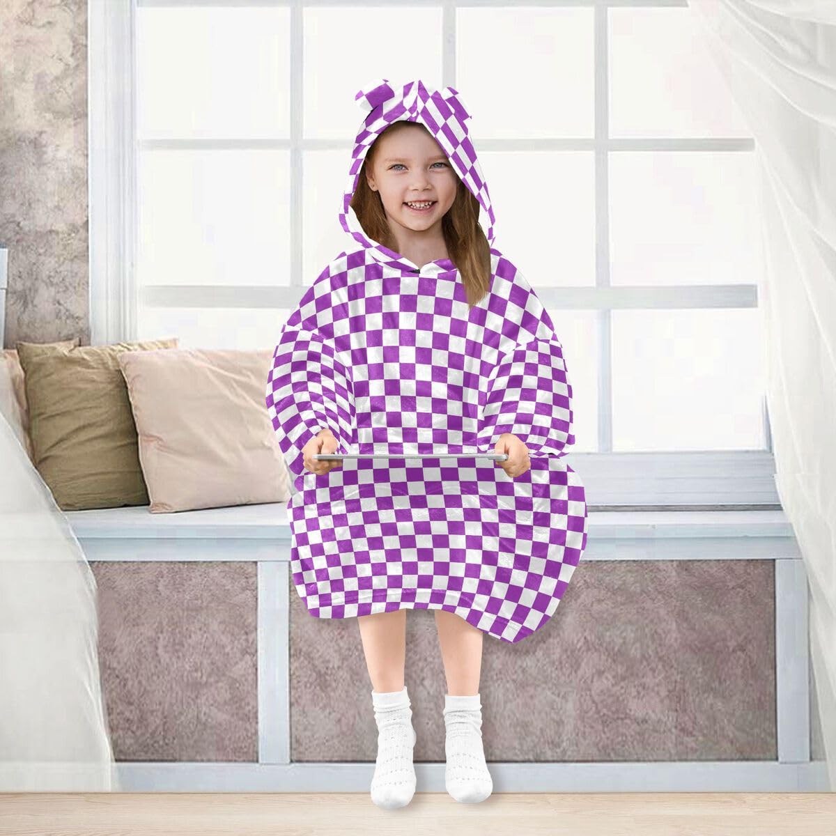 Fioletowa szachownica dziecięca koc do noszenia bluza z kapturem oversize bluza koc sweter vintage kratka dla chłopców i dziewcząt w wieku 3-14 lat