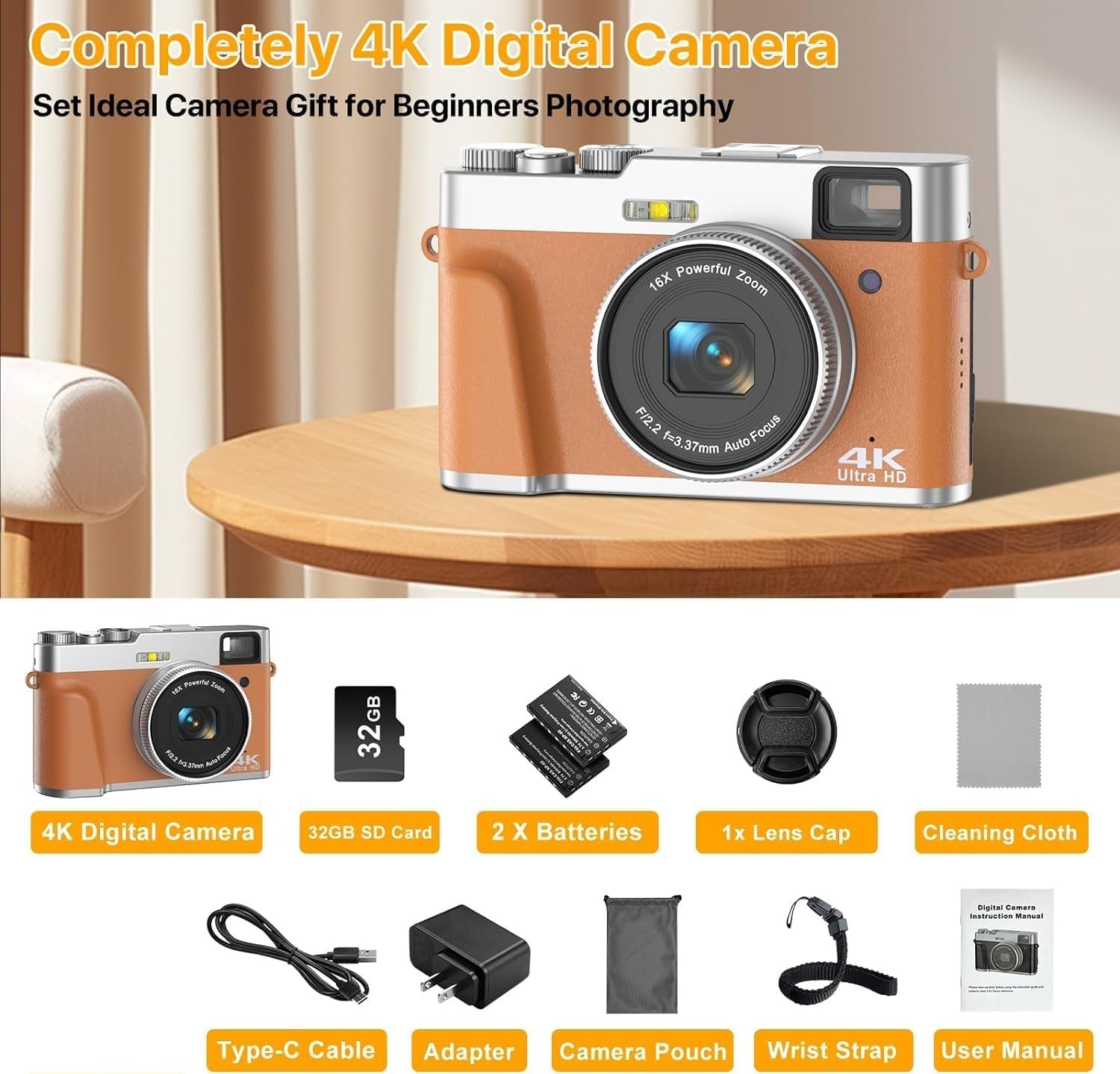 Cámara digital 4K para fotografía, cámaras de vlogging de enfoque automático de 48 MP con zoom digital de 16X, cámara LCD de 2.8 pulgadas para YouTube, cámaras compactas antivibración con tarjeta