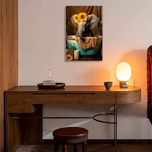 Miniatura 5 de MOSTUNNA Creativity - Lienzo decorativo para baño, diseño de animales, divertido elefante y girasol amarillo en la bañera, decoración de pared,