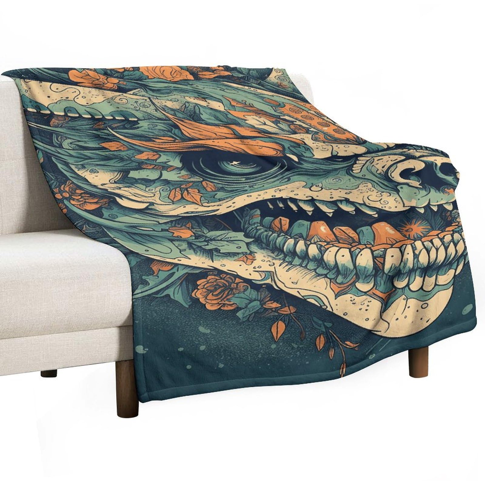Plaid flanelle tête de mort de dragon asiatique jeté de lit pour soirées cocooning et voyage