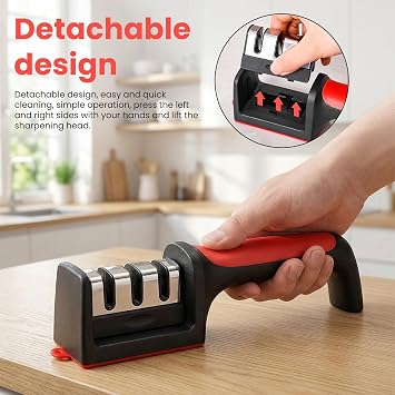 Sharp Knife Sharpener - 3 Stage Professional Kitchen Knife Sharpening Tool for Dull Knives, Scissors, Chef Knives, Non-Slip Base, Ergonomic Handle, Red