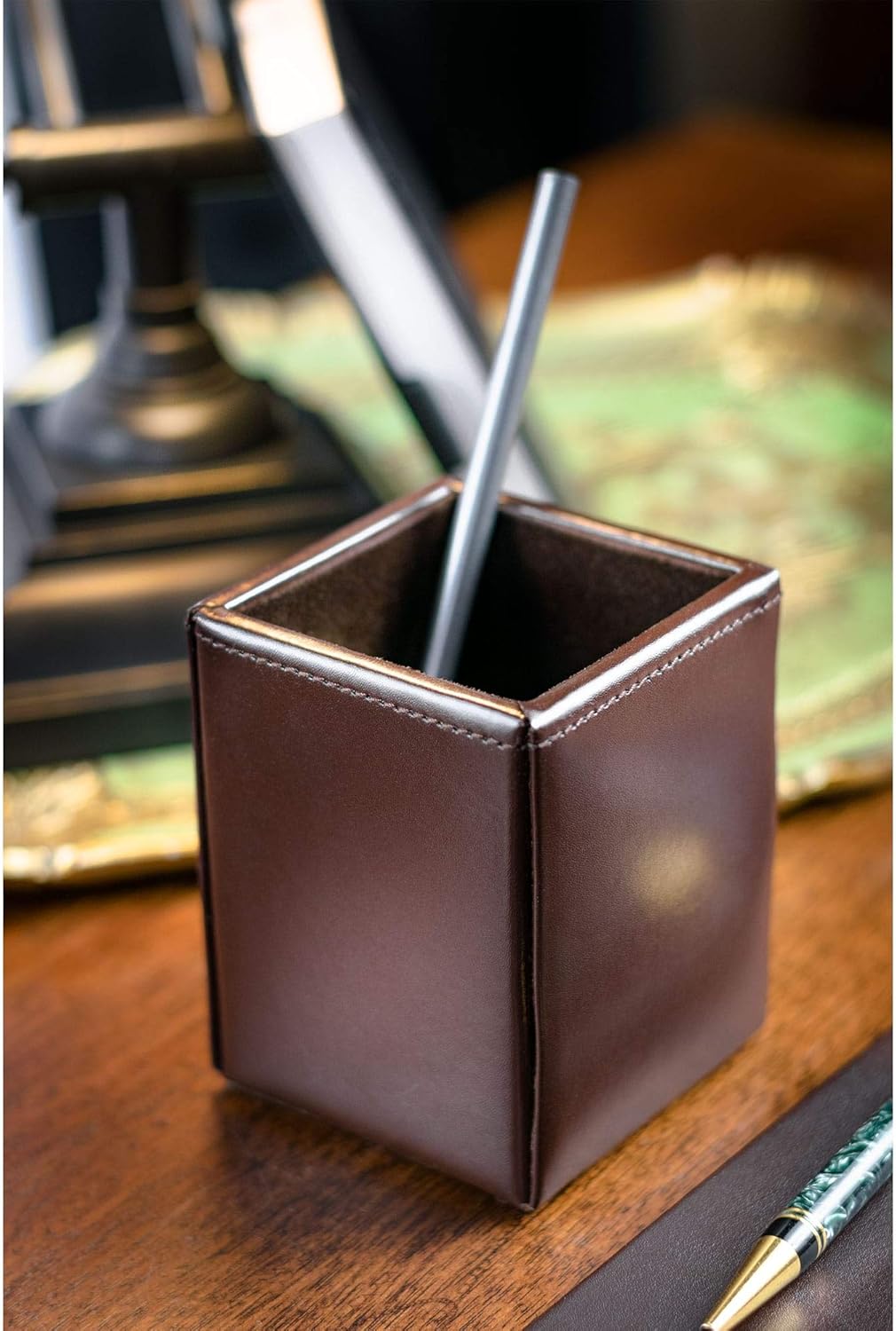 DACASSO Bonded Leather Pencil Cup - Luxury Cup Storage for Pens, Pencils, & Office Accessories - Elegant Pen Organizer & Executive Desk Decor - (Dark Brown)