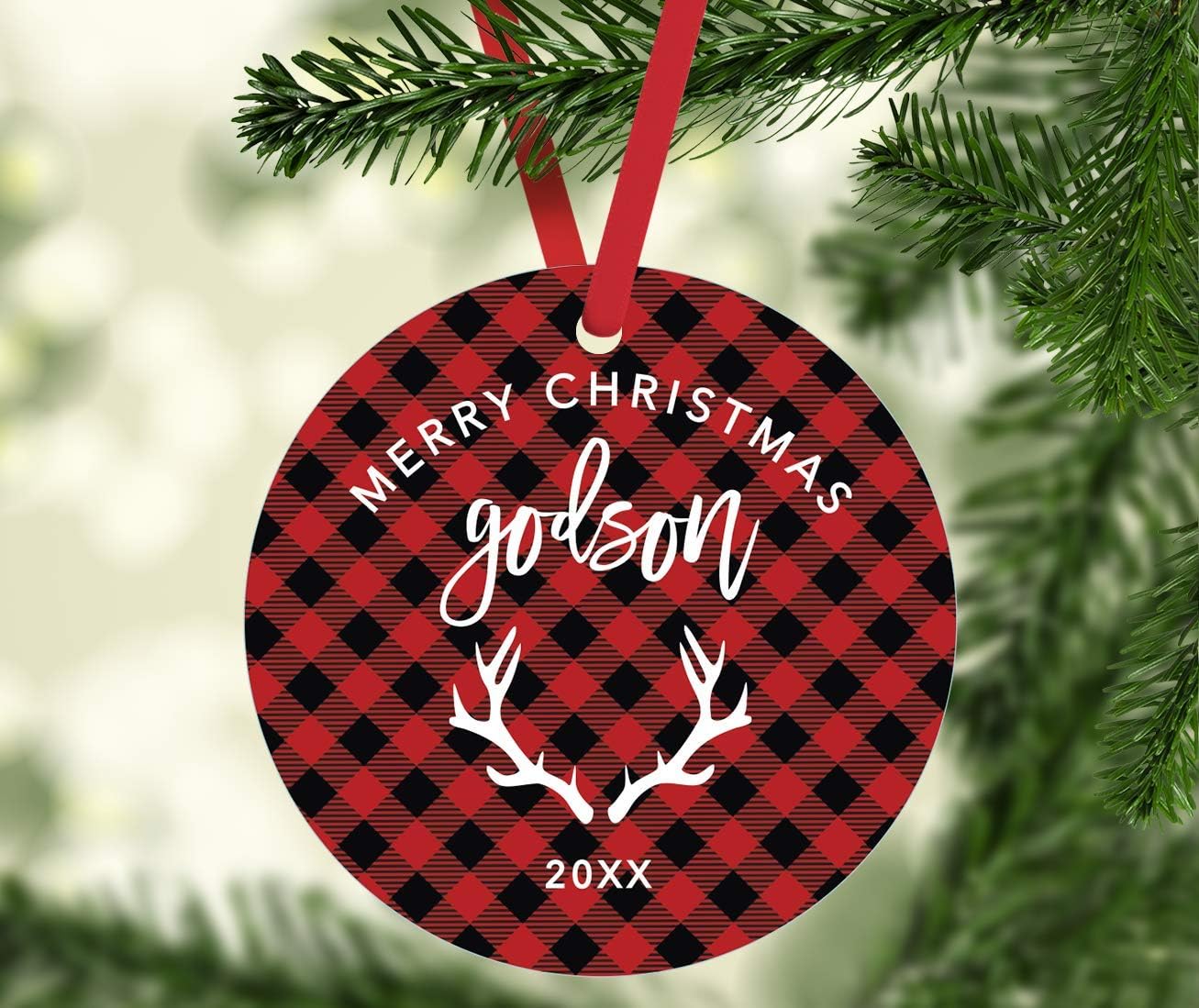 Andaz Press Custom Year Family Metal Christmas Ornament, Merry Christmas Godson 2026, Deer Antlers Country Lumberjack Buffalo Red Plaid, 1-Pack, Includes Ribbon and Gift Bag Godson Ornament 2026