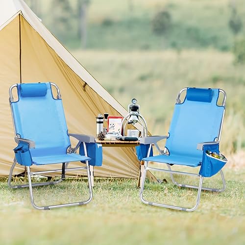 Miniatura 9 de VINGLI Paquete de 2 sillas de playa altas ligeras, mochila para adultos con 5 posiciones, bolsa refrigeradora, portavasos, toallero, sillas
