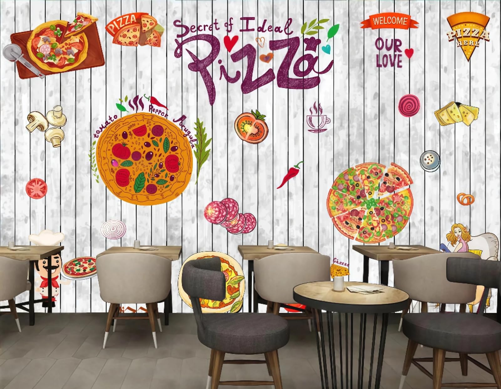 XDOUBAO Wallpaper Personalized Wooden Board Hand-Painted Delicious Pizza Shop Afternoon Tea Western Restaurant Background Wall Wallpaper Coffee Shop Mural,3D,300x210cm