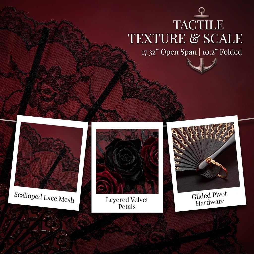 Halloween Black Lace Folding Hand Fan with Rose, Vintage Spanish Style Large Fan for Women, Gothic Costume Accessory for Party, Cosplay, Dance Performance & Photo Props, 17.32" Open, 10.2" Folded
