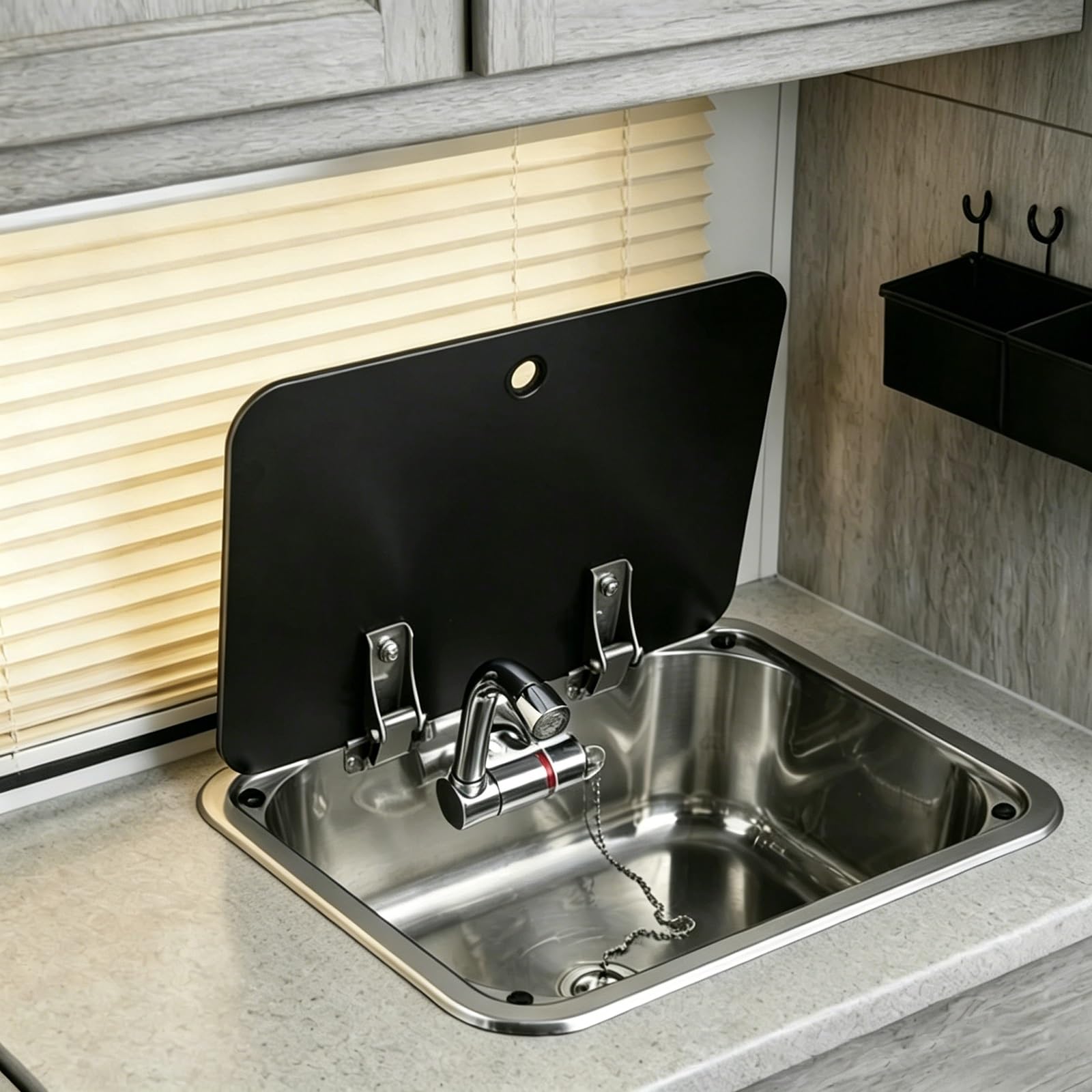 Fregadero Camper, Fregadero Cocina Pequeño de Acero Inoxidable 304 con Grifo Plegable y Placa de Cubierta, Apto para Vehículos Recreativos, Yates y Bares(Black,277x380x145mm)
