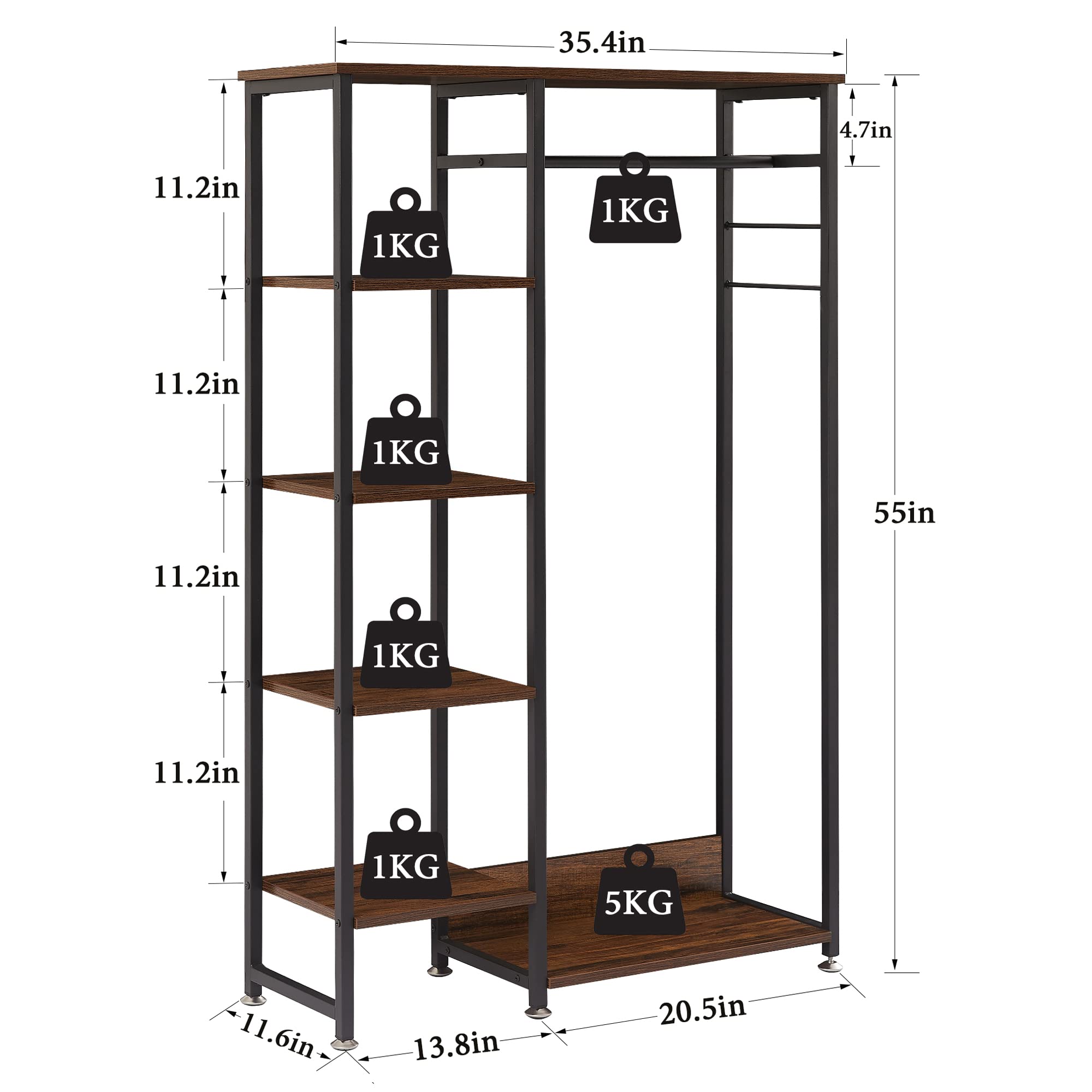 VECELO Free-Standing Heavy Duty Vintage Closet/Storage Organizer for Bedroom Clothes Garment Rack with Shelves and Hanging Rod, Dark Brown