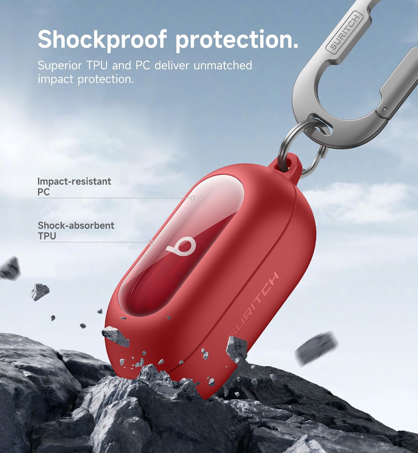 SURITCH Cases for Beats Solo Buds 2024 Case Cover, Magnetic Protective Covers for Beats Solo Buds Wireless Earbuds, Rugged Bumper Case with Magnetic Lok & Carabiner & Keyring & Cleaning Kit, Red