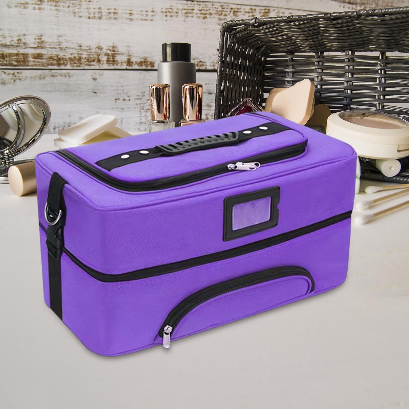 Neceser de maquillaje de viaje portátil con divisor, organizador profesional de esmalte de uñas, organizador de maquillaje para mujeres y niñas, morado, A