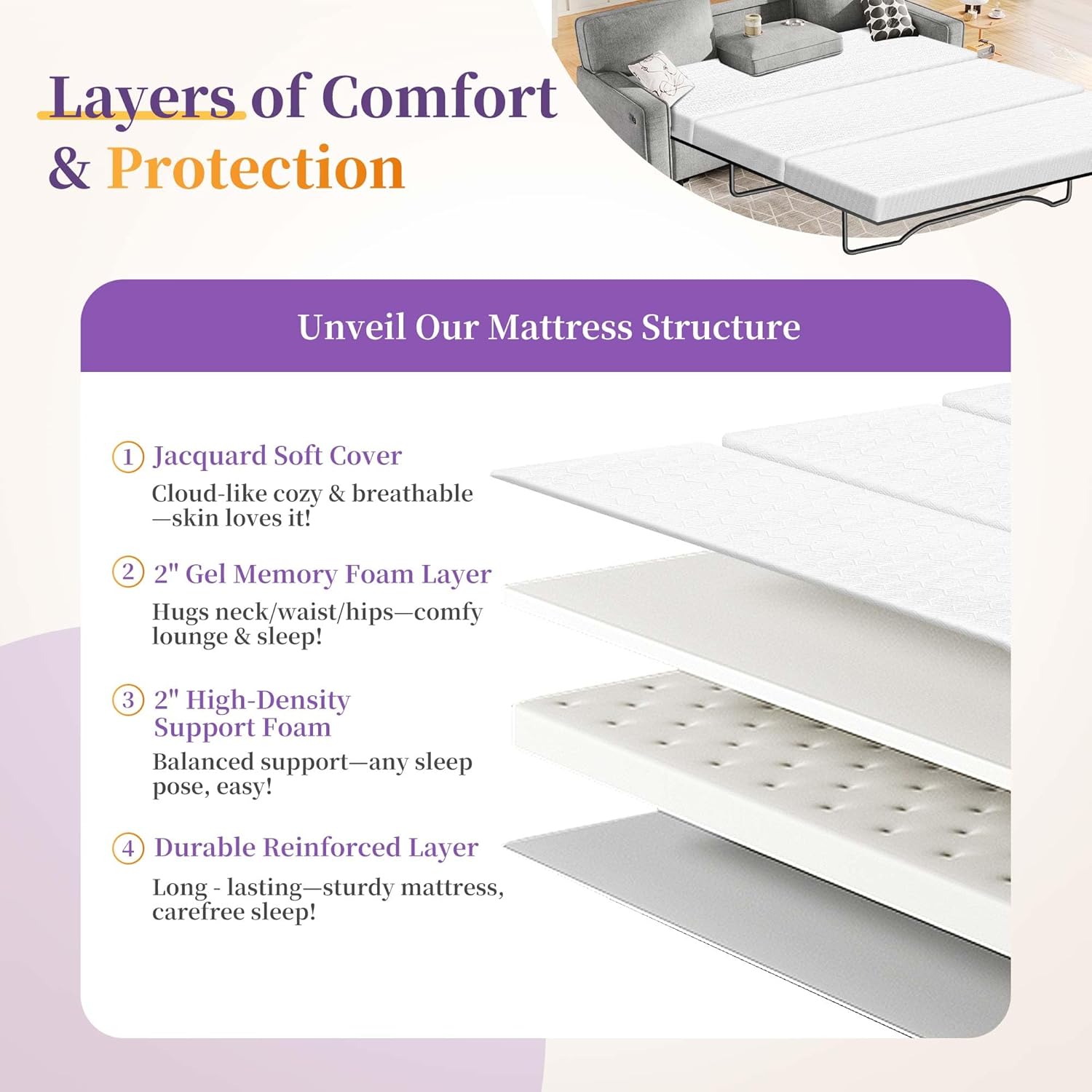 4" Memory Foam Sofa Bed Mattress Replacement 72"× 58" for Queen Pull Out Couch Bed&Sleeper Sofas with Removable&Machine-Washable Cover, High-Resilience 25D Foldable Mattress