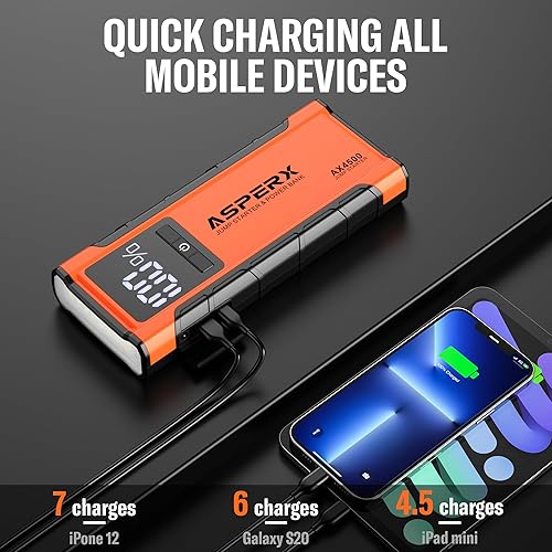 Miniatura 6 de ASPERX AX4500 Arrancador de coche, 4500 A pico de arranque de coche para hasta todos los motores de gasolina y 10.0L diésel, batería de 12 V
