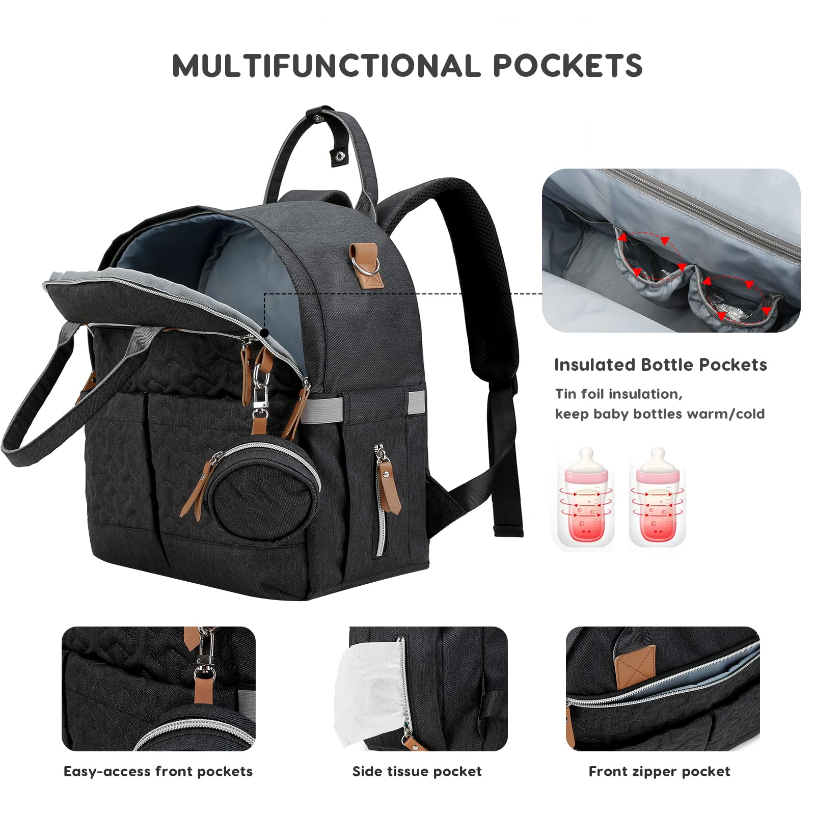SONARIN Portable Grande Capacité Sacs à Dos à Langer pour Bébé,Sacs à Langer Multifonctionnel Imperméable Sac à Couches de Voyage avec Sac à Tétine & Crochets de Poussette(Noir)