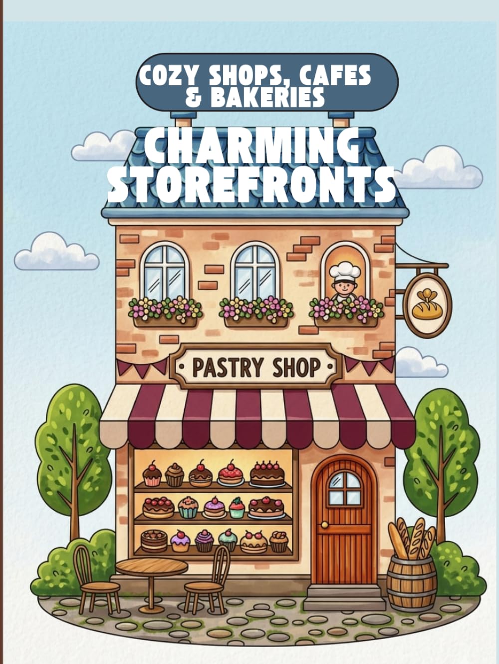 Charming Storefronts Cozy Shops, Cafes,cinemas & Bakeries coloring pages for adults: Stress relief coloring book