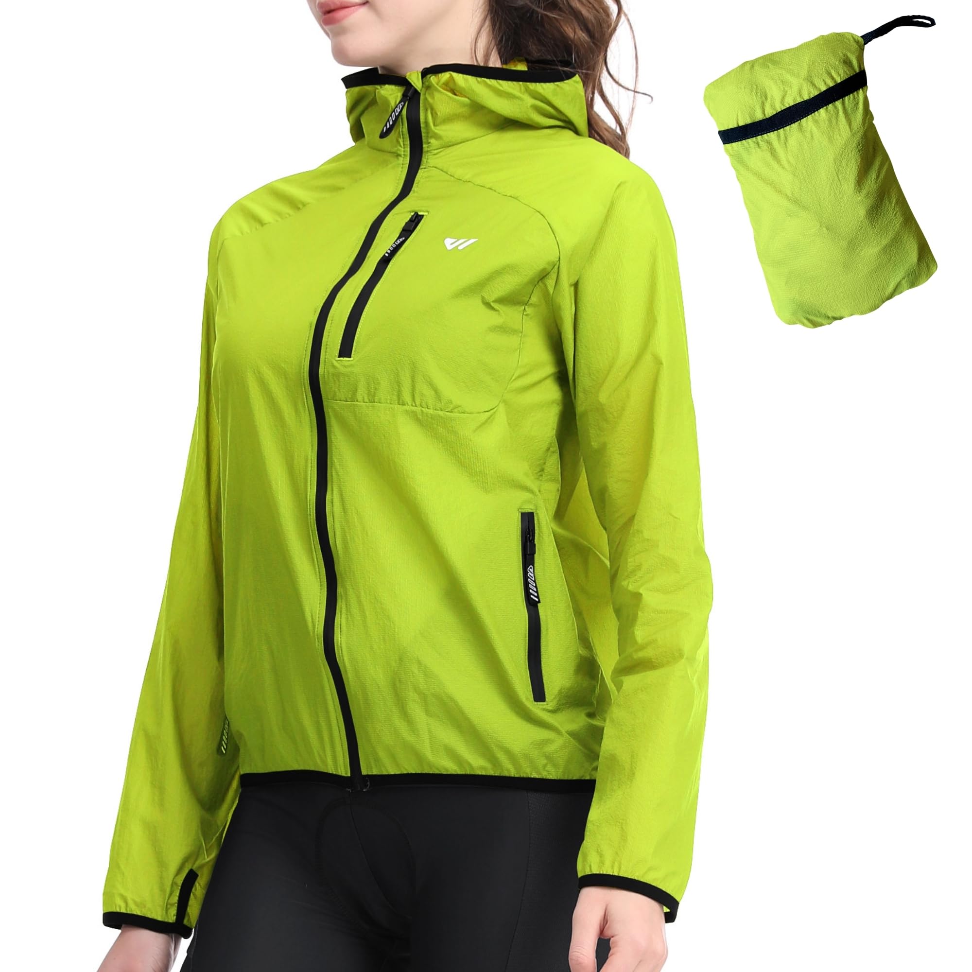 Wulibike Fahrradjacke Damen Faltbare radjacke Leicht und Atmungsaktiv Laufjacke Reflektierende Windbreaker Regenjacke für Radfahren,Trekking