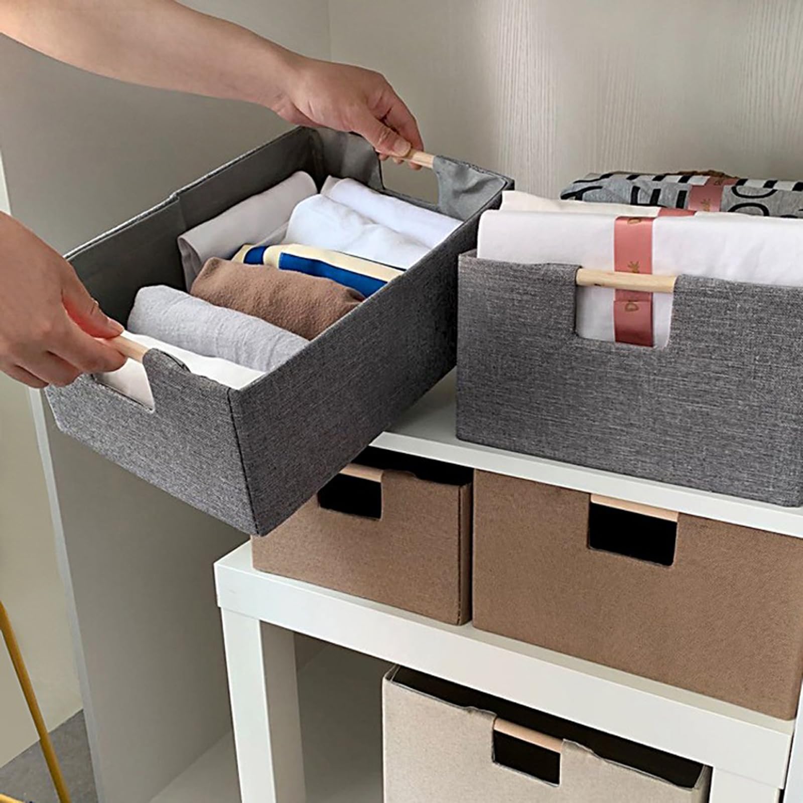 Stabile Aufbewahrungsbox aus Stoff mit Holzgriffen, verstärkter Kartonboden für Zuhause, Stoff-Aufbewahrungsbox für den Haushalt