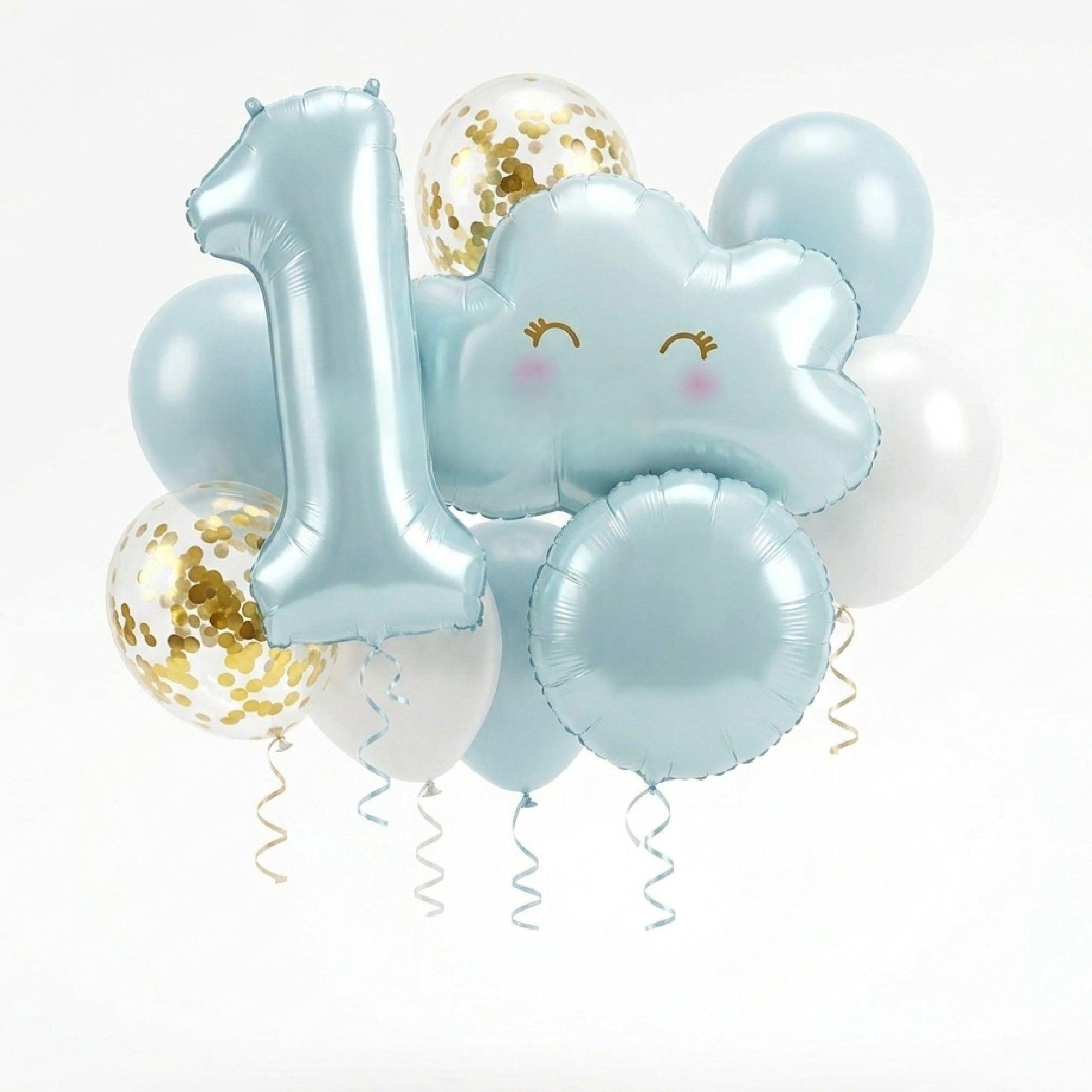 Balloonistics 1st Birthday Blue Cloud Theme Balloon Bouquet - Pack of 9 | Number 1 Foil, Smiling Cloud, Round Foil, Gold Confetti & Latex Balloons | Baby Boy First Birthday Decoration Set-image-23