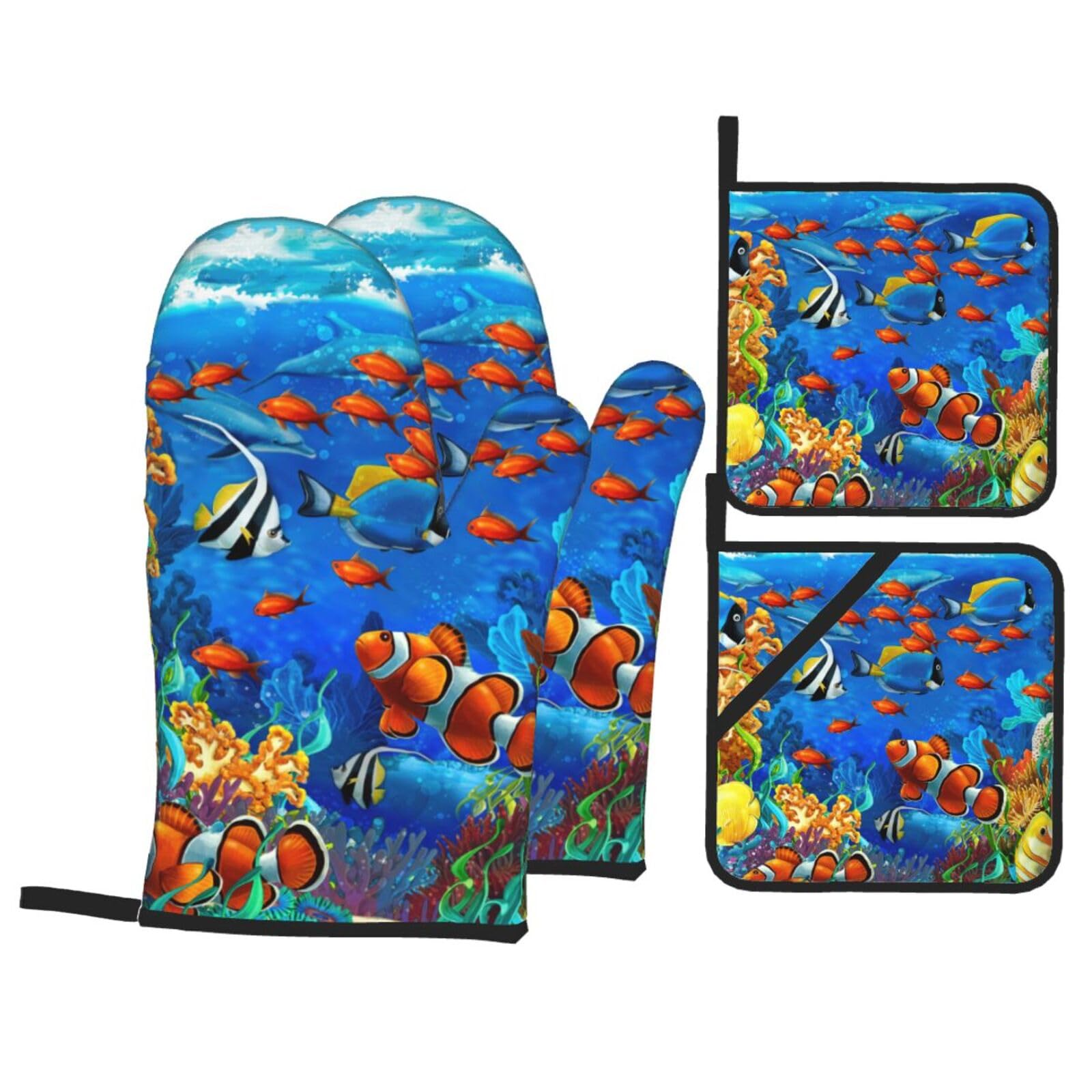 Ocean Tropical Fish Coral Undersea World Print 4-Piece Heat-Resistant Oven Waterproof Kitchen Gloves Cooking Roasting Essential