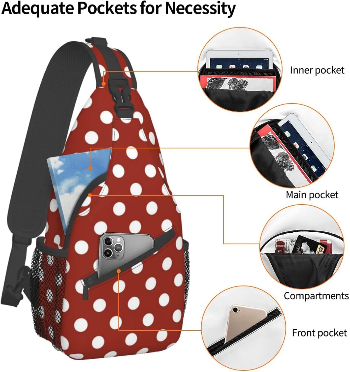 Cute Red White Polka Dot Sling Backpack,Travel Hiking Daypack Crossbody Shoulder Bag for Women Men - Image 5