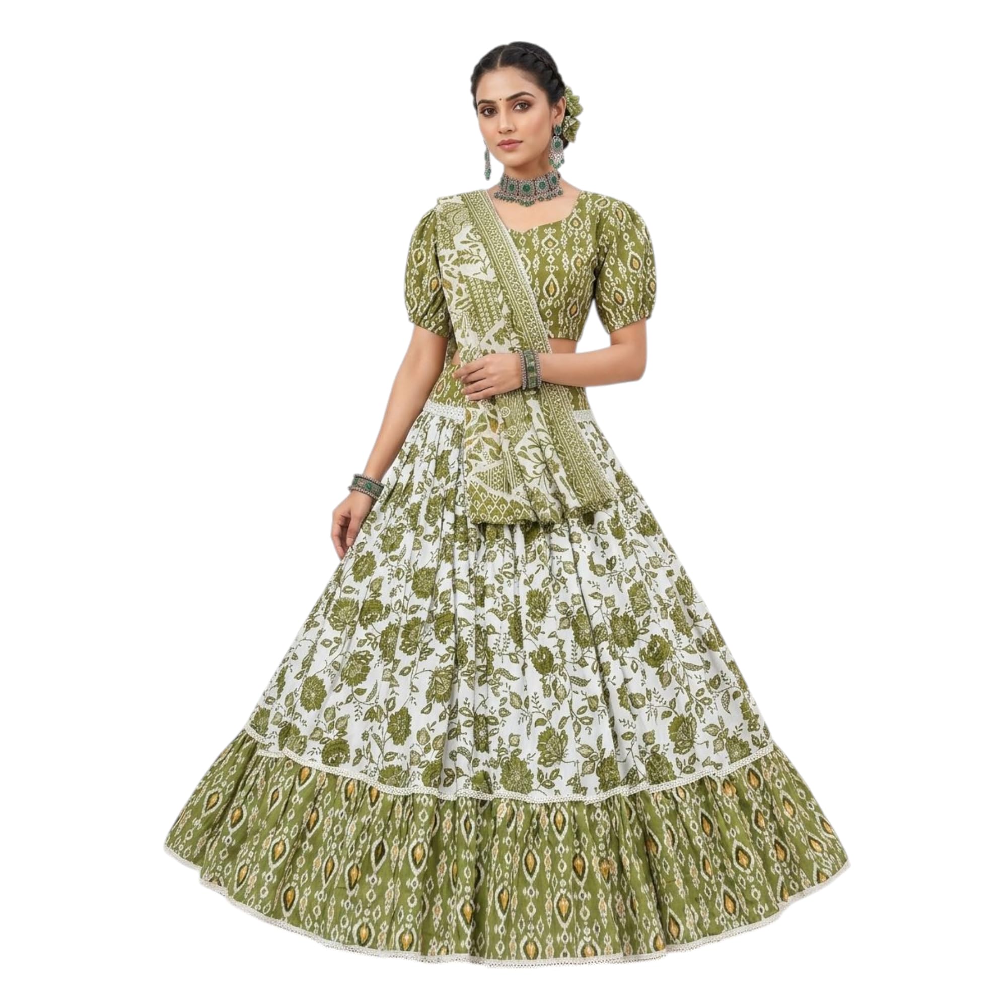 Women's Ethnic Olive Green Cotton Printed Gopi Dress | Lehenga Choli Set with Dupatta (Unstitched Blouse)-image-47