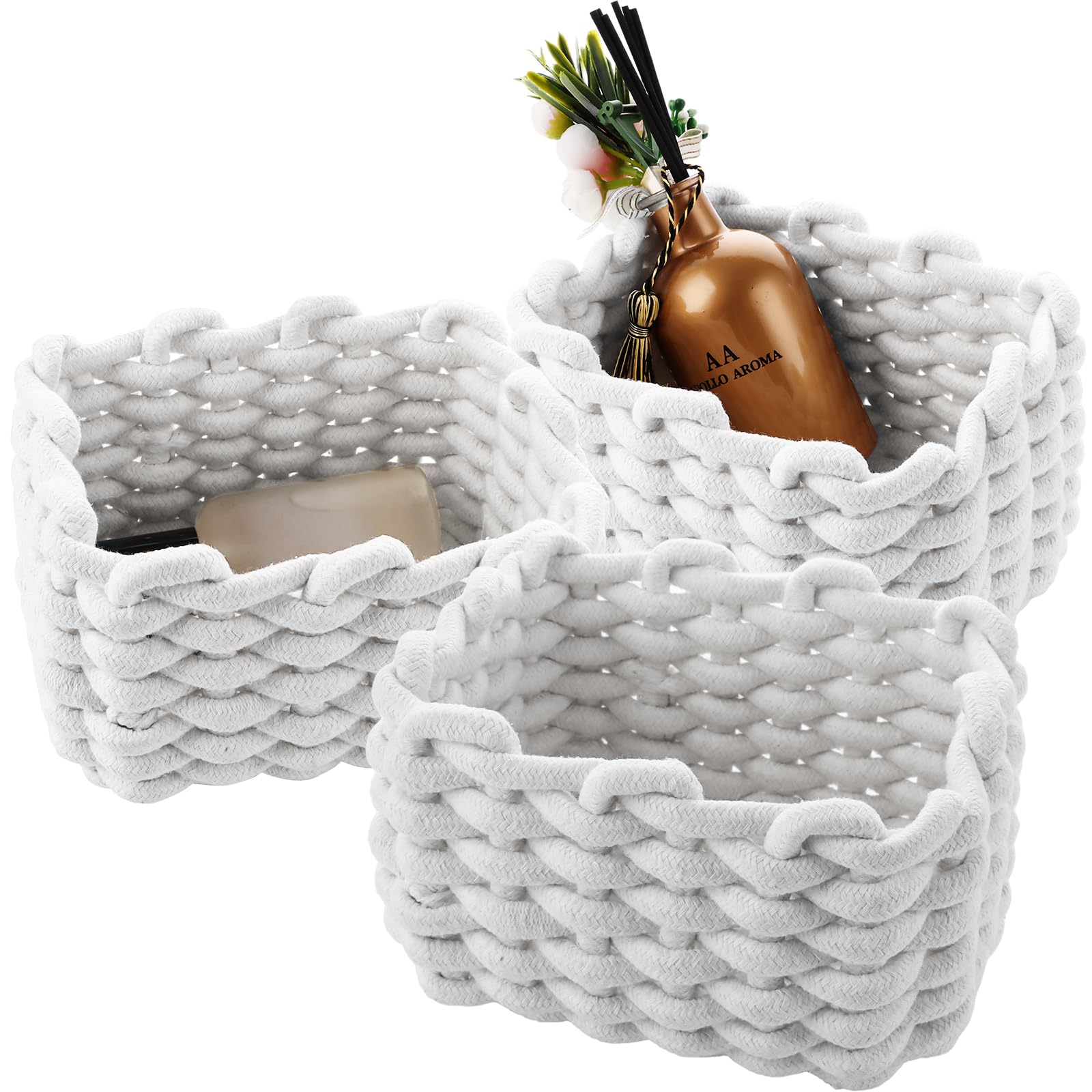 VIDETOL 3 Stück Aufbewahrungskorb Geflochten, 19x15x12CM Aufbewahrungskorb Baumwolle Strickkorb Klein, Quadratische Badezimmer Aufbewahrung Weiß für Bad, Schränke und Küche