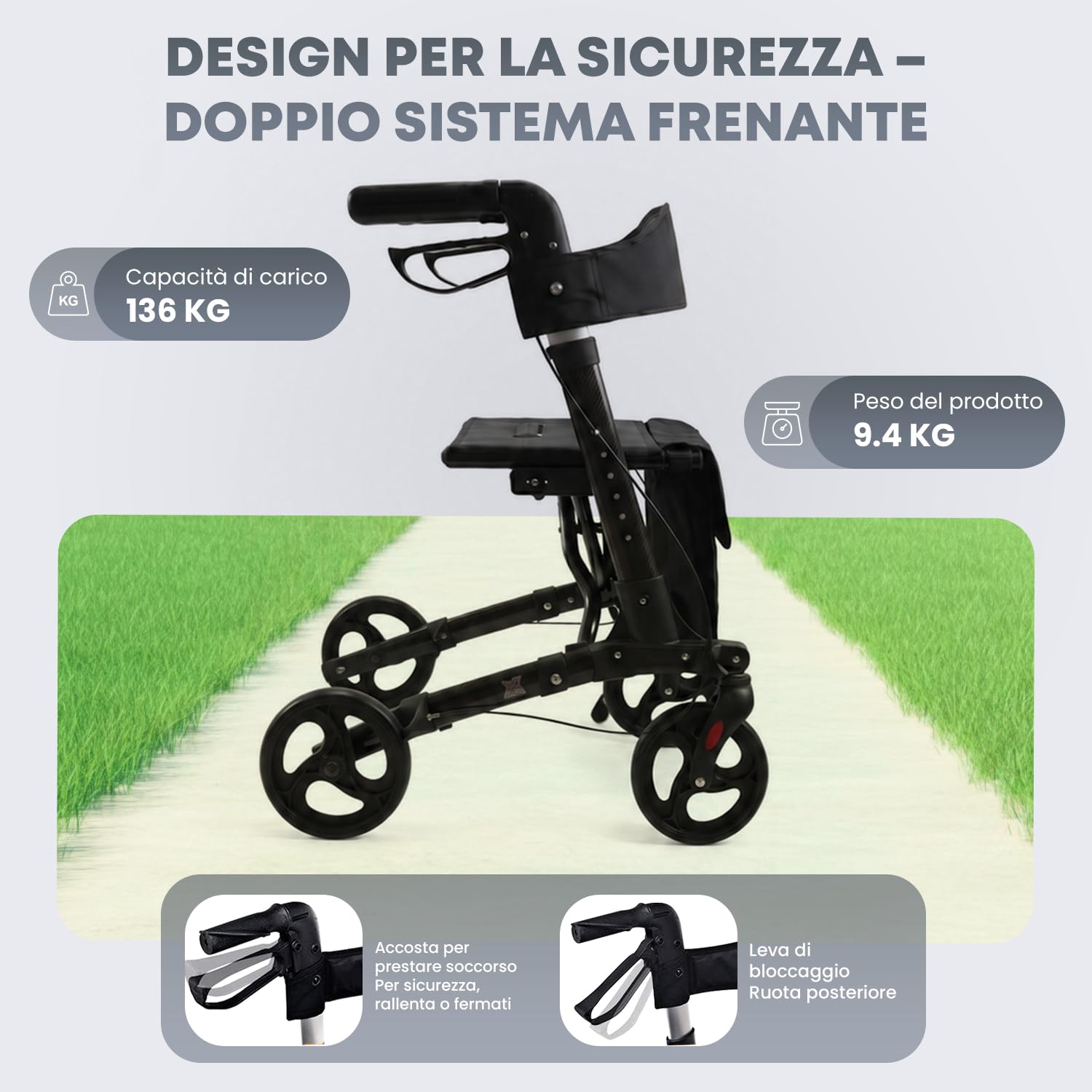 Deambulatore pieghevole leggero con sedile, borsa portaoggetti e freni,Ausilio per la mobilità a 4 ruote per anziani e disabili Telaio per deambulazione regolabile in altezza con maniglie comode Nero