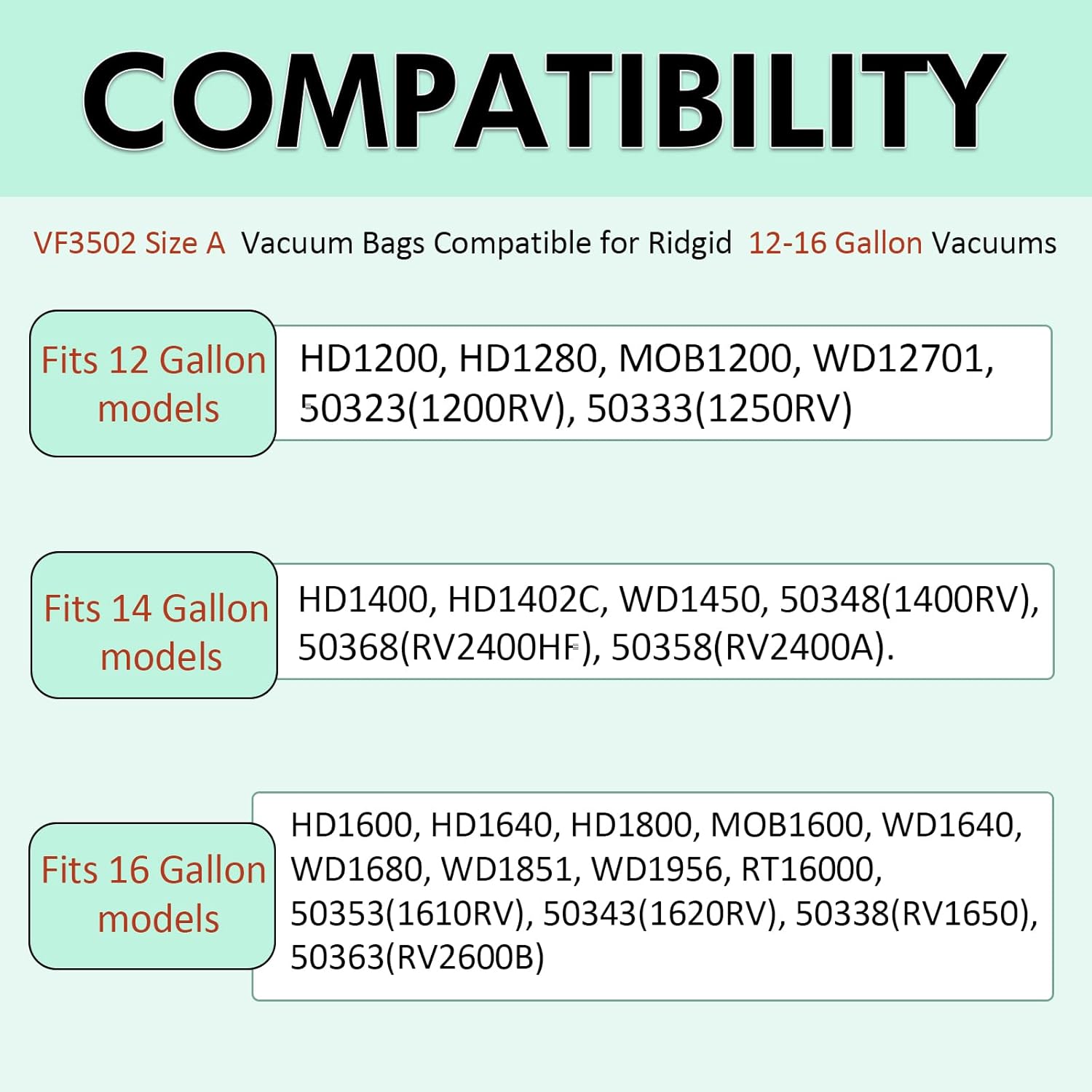 15 Pack 23743 VF3502 Vacuum Bags Compatible with Ridgid 12-16 Gallon Wet Dry Vacuums,Dust Collection Bags WD1950 WD1956 WD1850 WD1851 RV2400HF WD1450 WD1680 WD1270