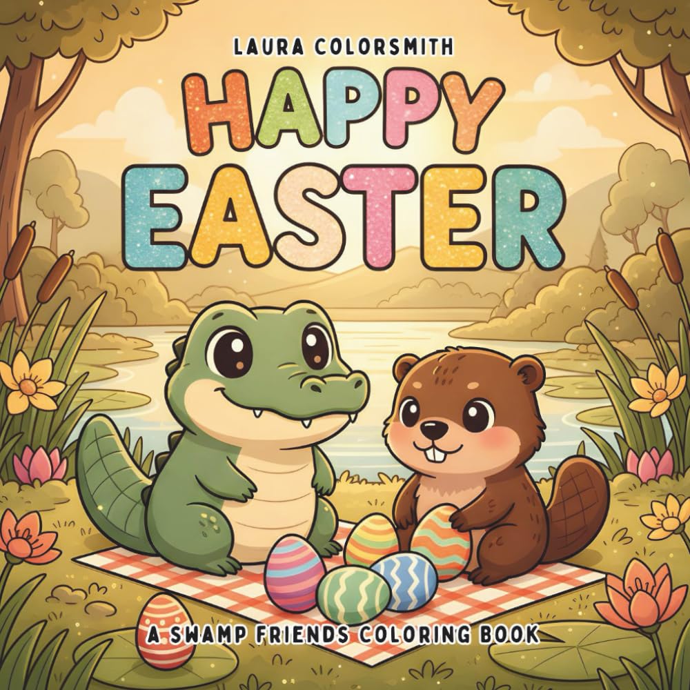 Happy Easter - A Swamp Friends Coloring Book: Cute Swamp Animal Friends in Cozy Easter Scenes for Easy Coloring (Coloring Book for Easter)