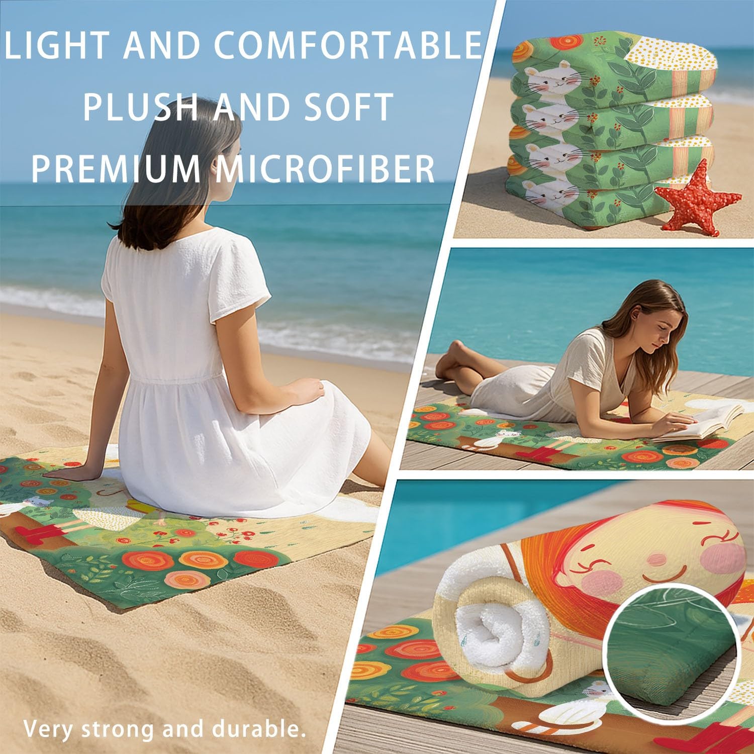 Grande Serviette de Plage 180 x 100 CM,Drap de Plage Microfibre,Couverture de Plage Absorbante Rapide pour Fille Campagne Anglaise Chat Blanc Rose Conte Fées Romantique Jardin Anglais Cottage