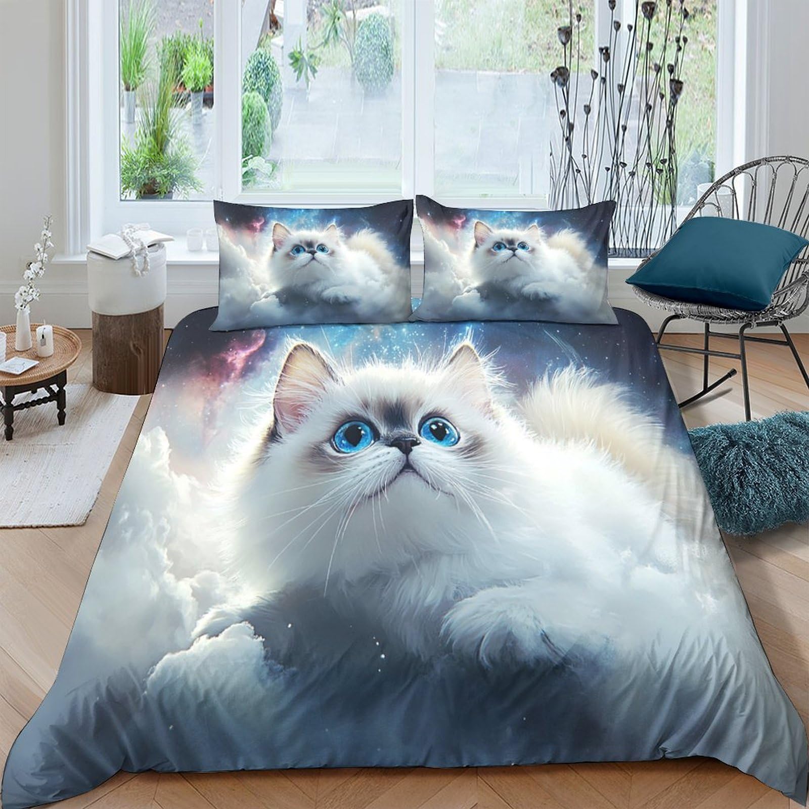 Ctjqhvkz Style-10 3D Printed Fluffy Cat Fitted Sheet Microfiber Soft Bedroom Decor Blue Eyes Mattress Cover For Home Guest Room Single（135X200cm）