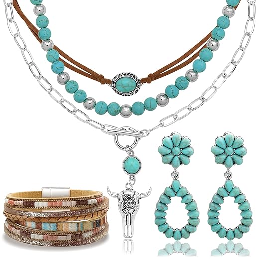RechicGu Western Jewelry For Women Bohemian Turquoise Dangle Earrings Necklace Bracelet Set, Bullhead Pendant Layered Choker Boho Faux Leather Wristband Country Concert Cowgirl Accessories